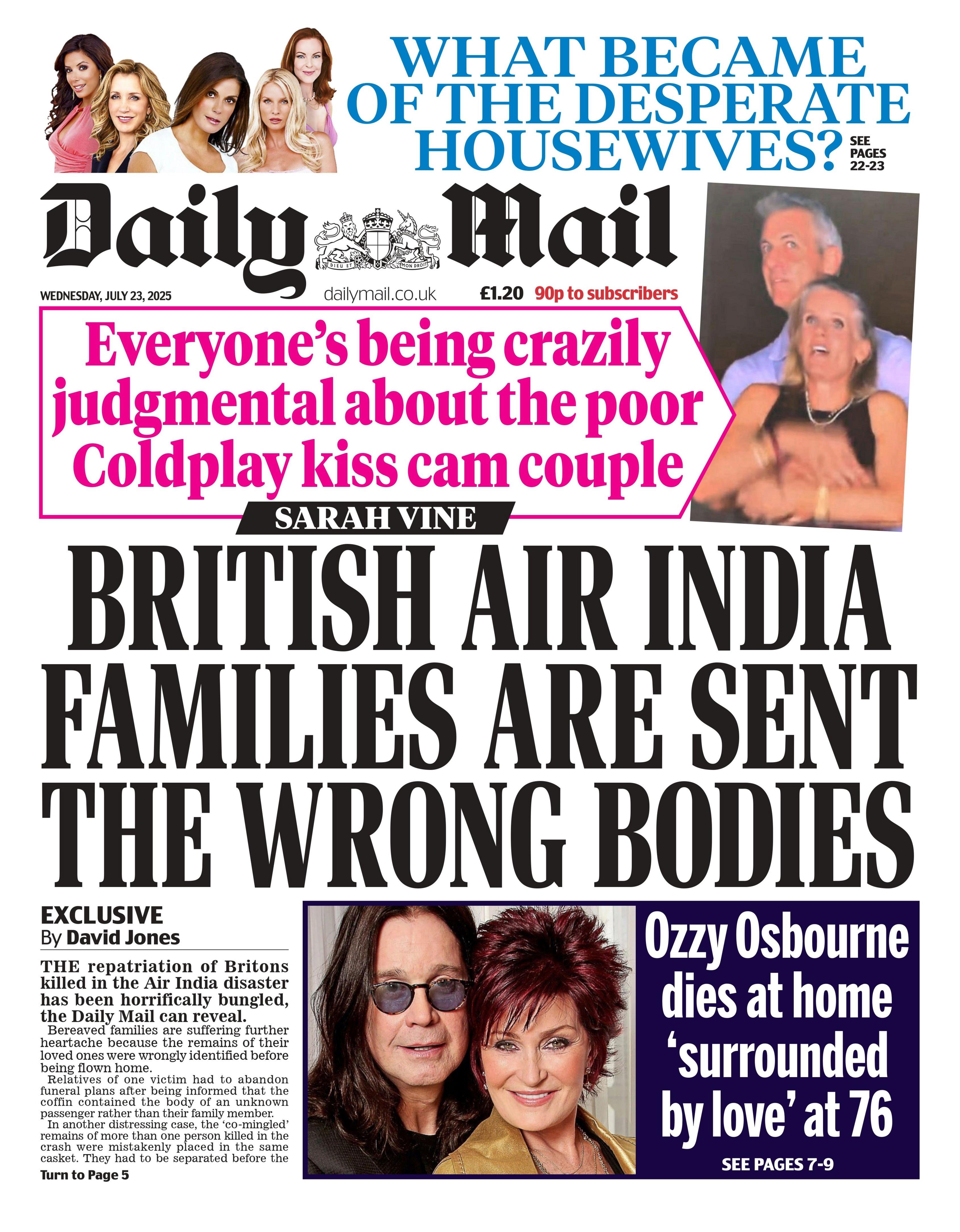 The headline on the front page of the Daily Mail reads: "British Air India families are sent the wrong bodies".