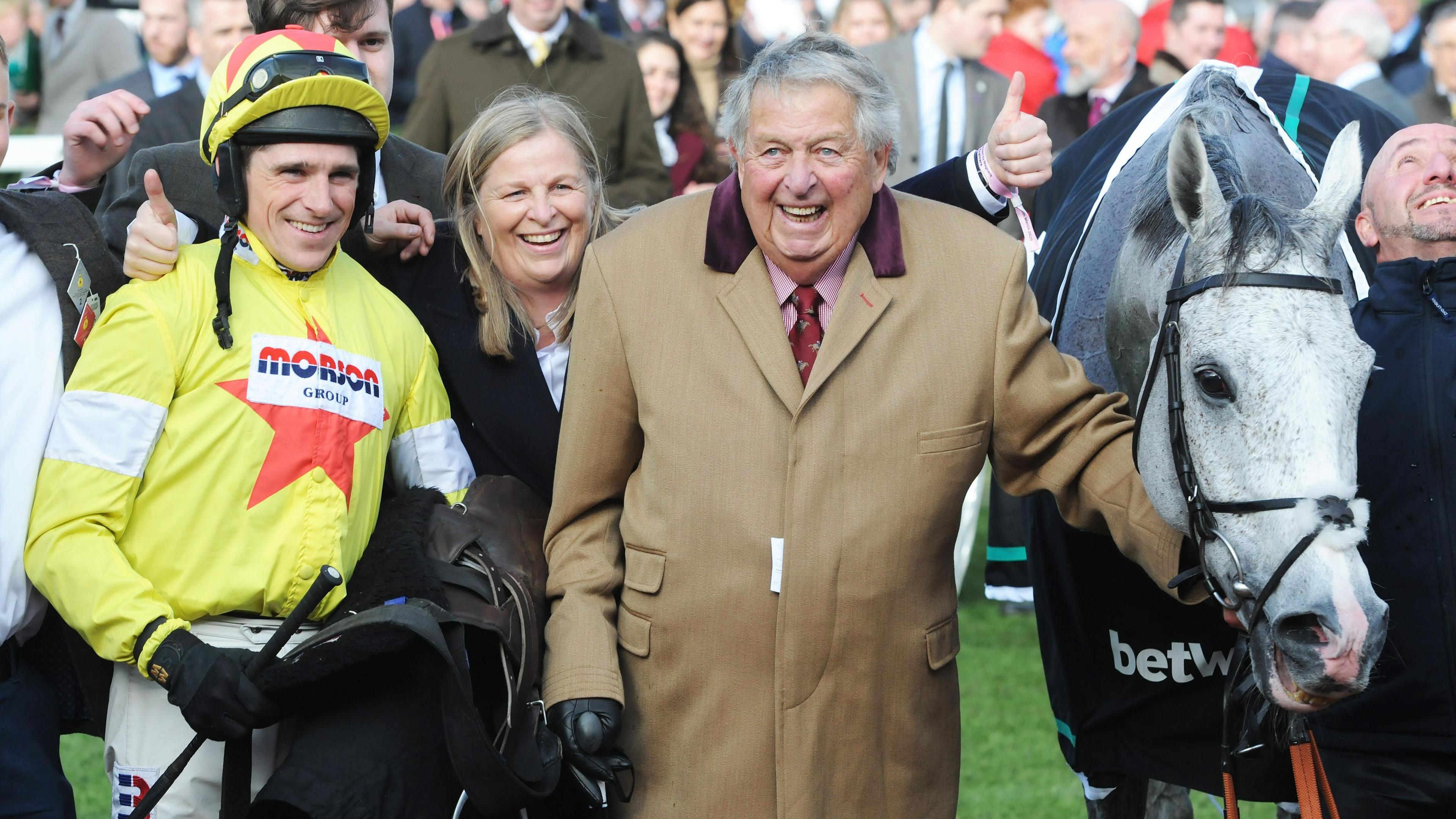 Harry Skelton and John Hales celebrate his second Queen Mother Champion Chase victory with Politologue in 2020