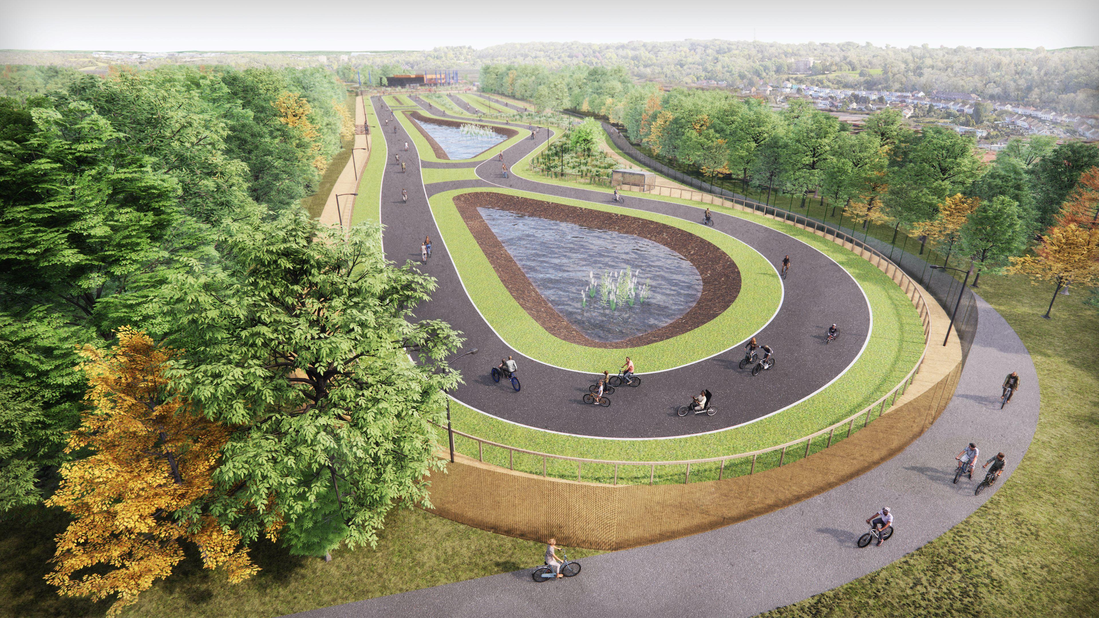 An artist's impression of new tracks at Lawrence Weston with lake in the middle. Riders are cycling on the track and a nearby path.