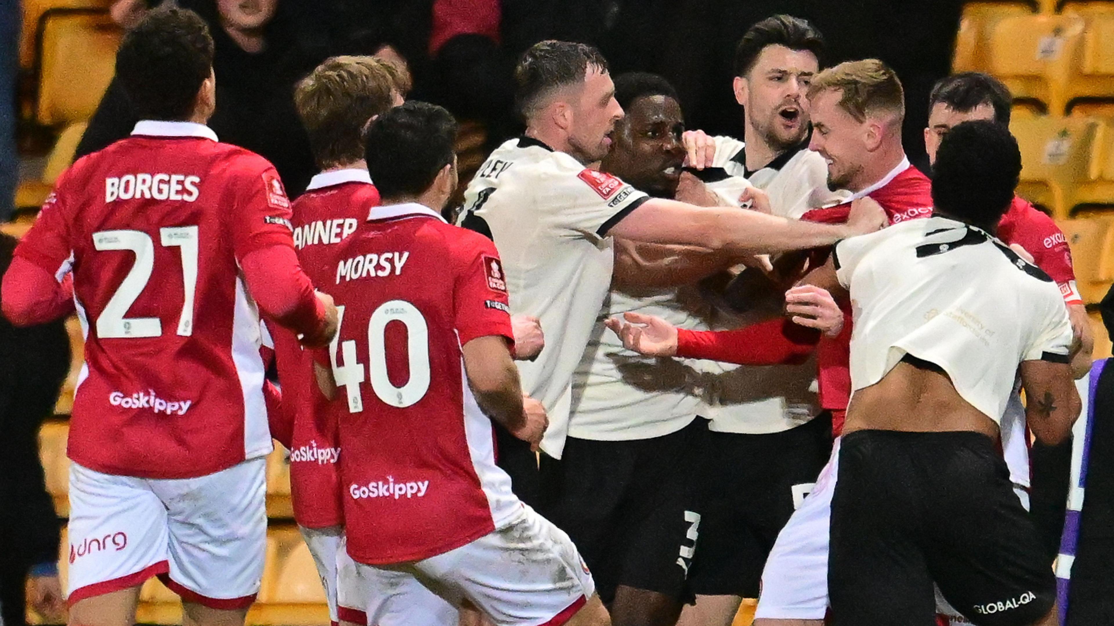 Bristol City and Port Vale players square up during the FA Cup fourth round tie at Vale Park