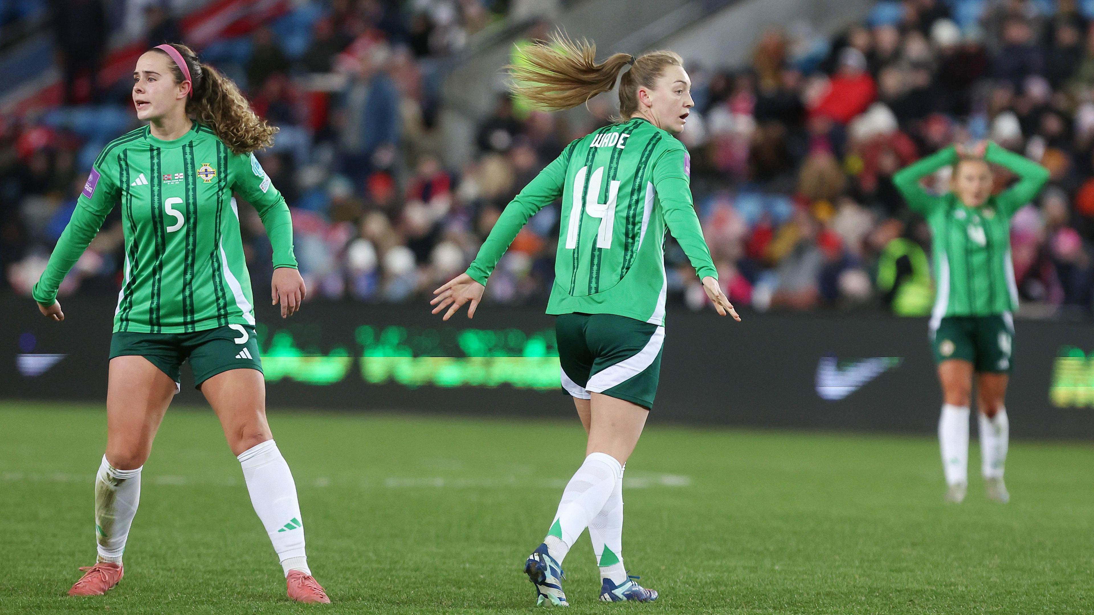 Lauren Wade reacts to the goalkeeper saving her shot