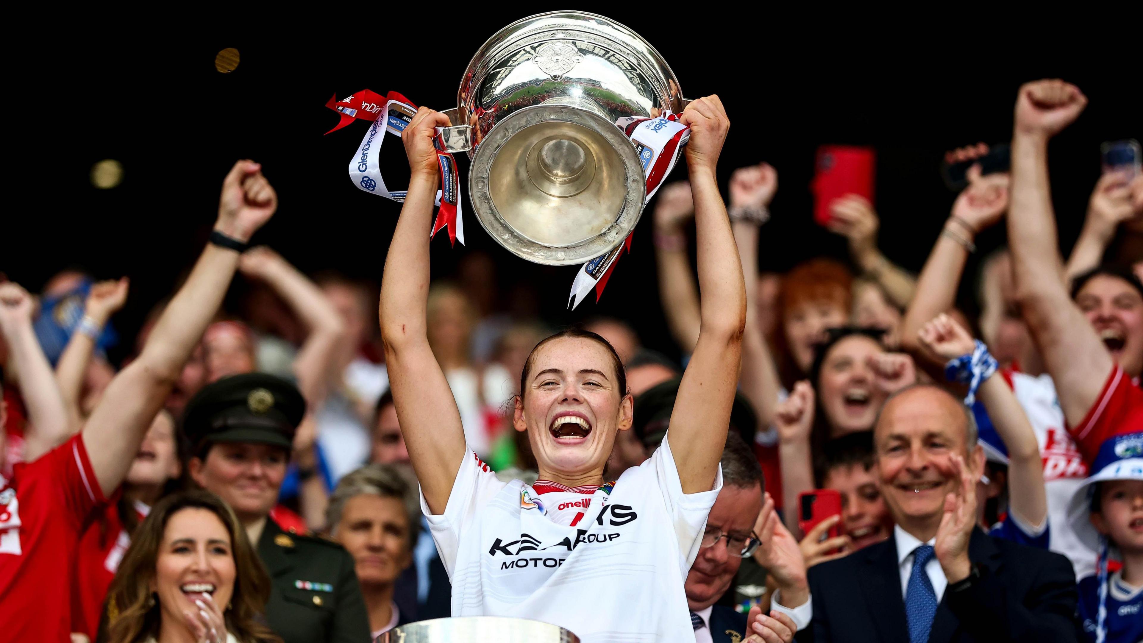 Cork's Méabh Cahalane lifts the O'Duffy Cup
