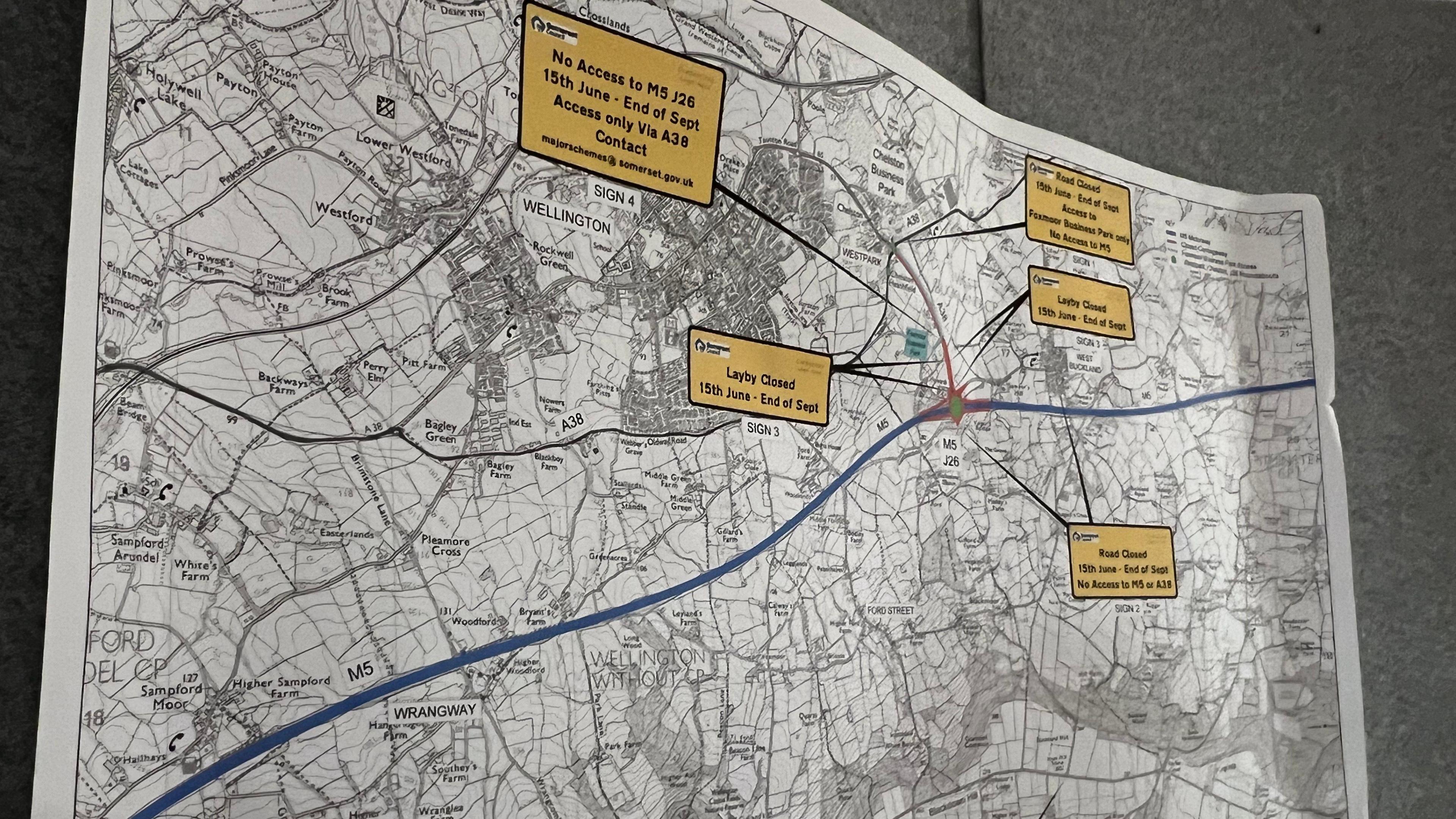 Black and white map of the region around Wellington in Somerset, showing yellow boxes and arrows to indicate which areas will be affected by the closures.