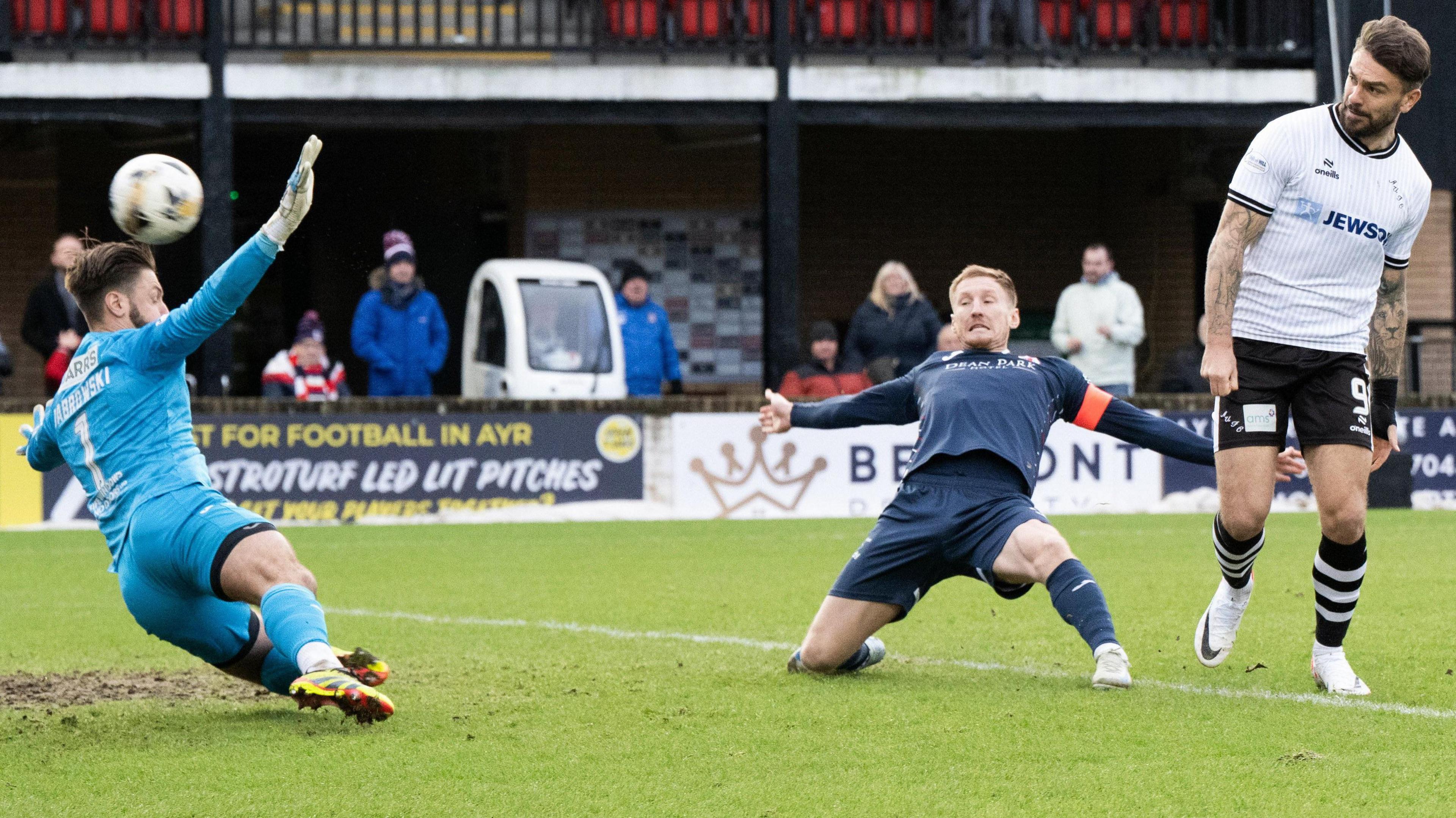 George Oakley scores for Ayr United against Raith Rovers