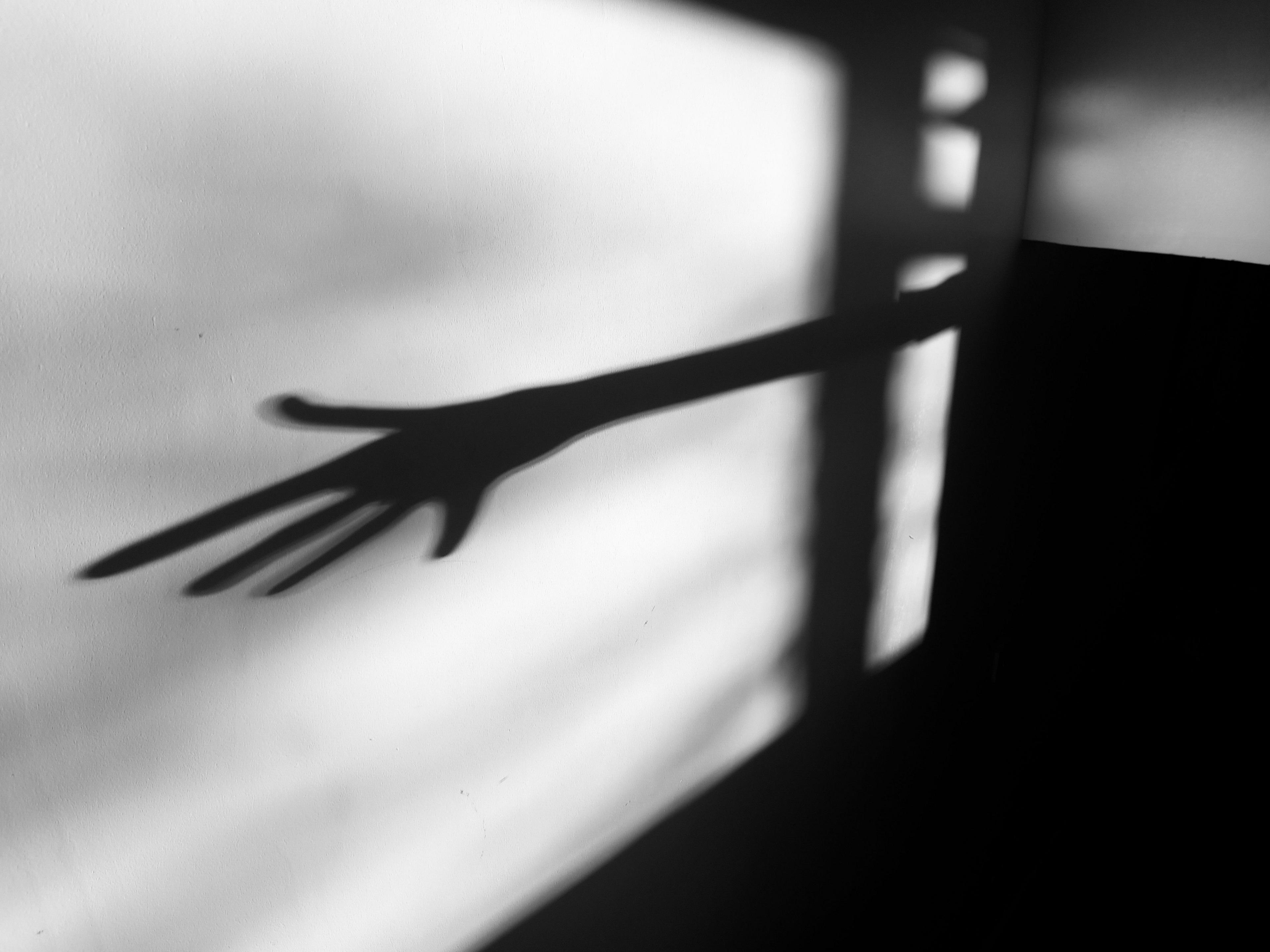 A long shadow of a hand on a blank wall