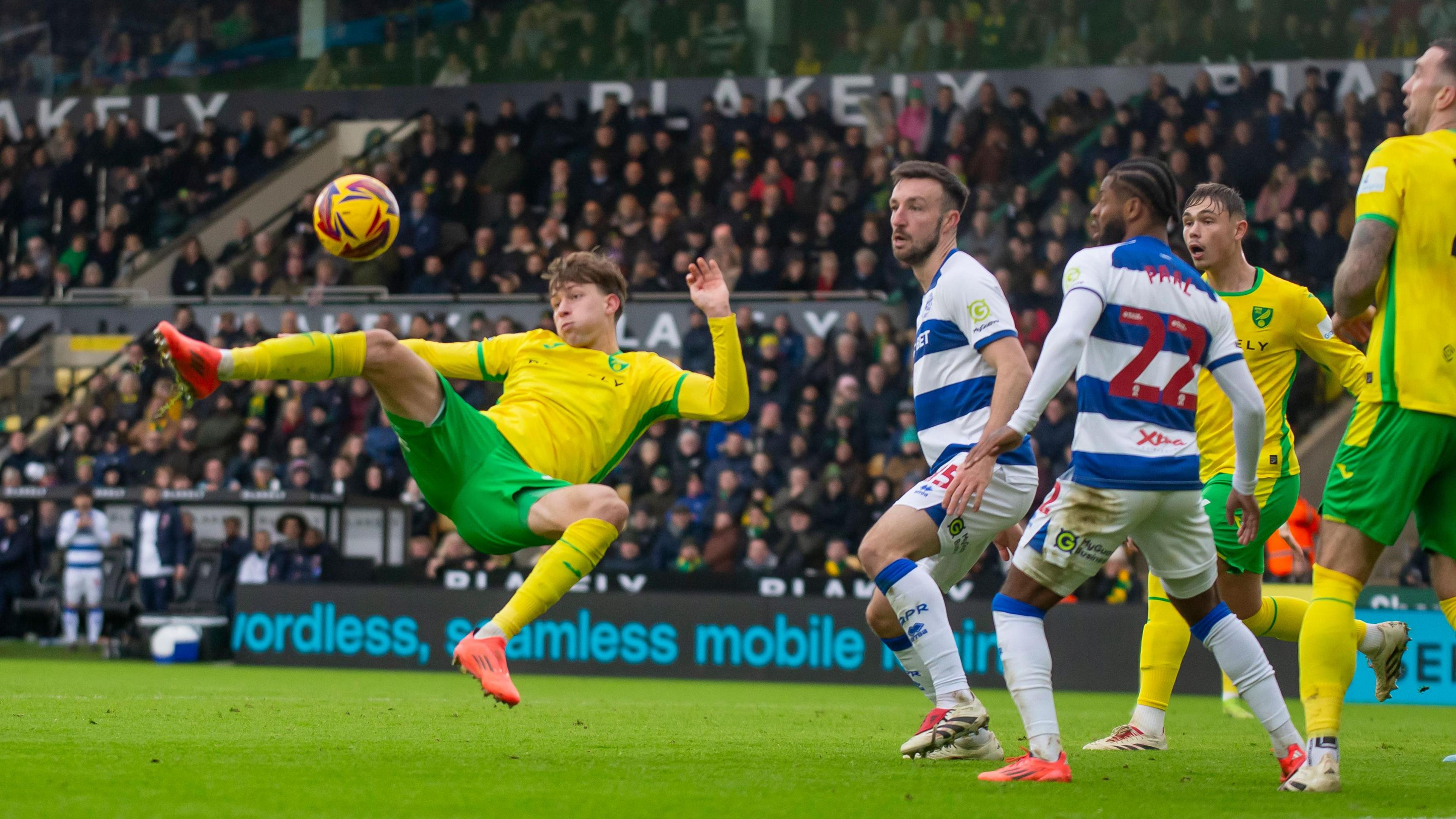 Norwich's Oscar Schwartau attempts a volley against QPR