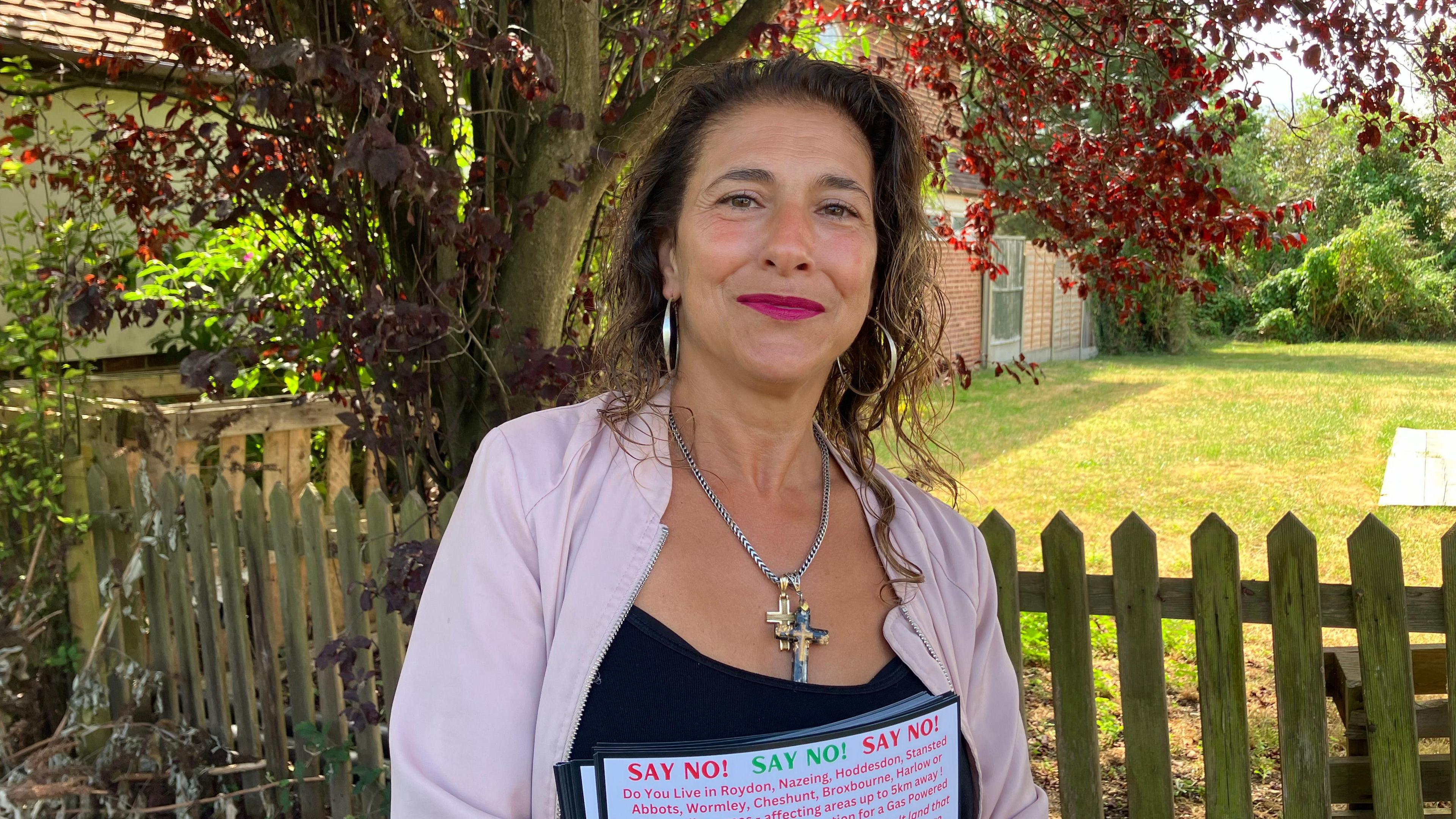 Marina Vrahimi holding a "Say no to the power plant" placard in Dobb's Weir