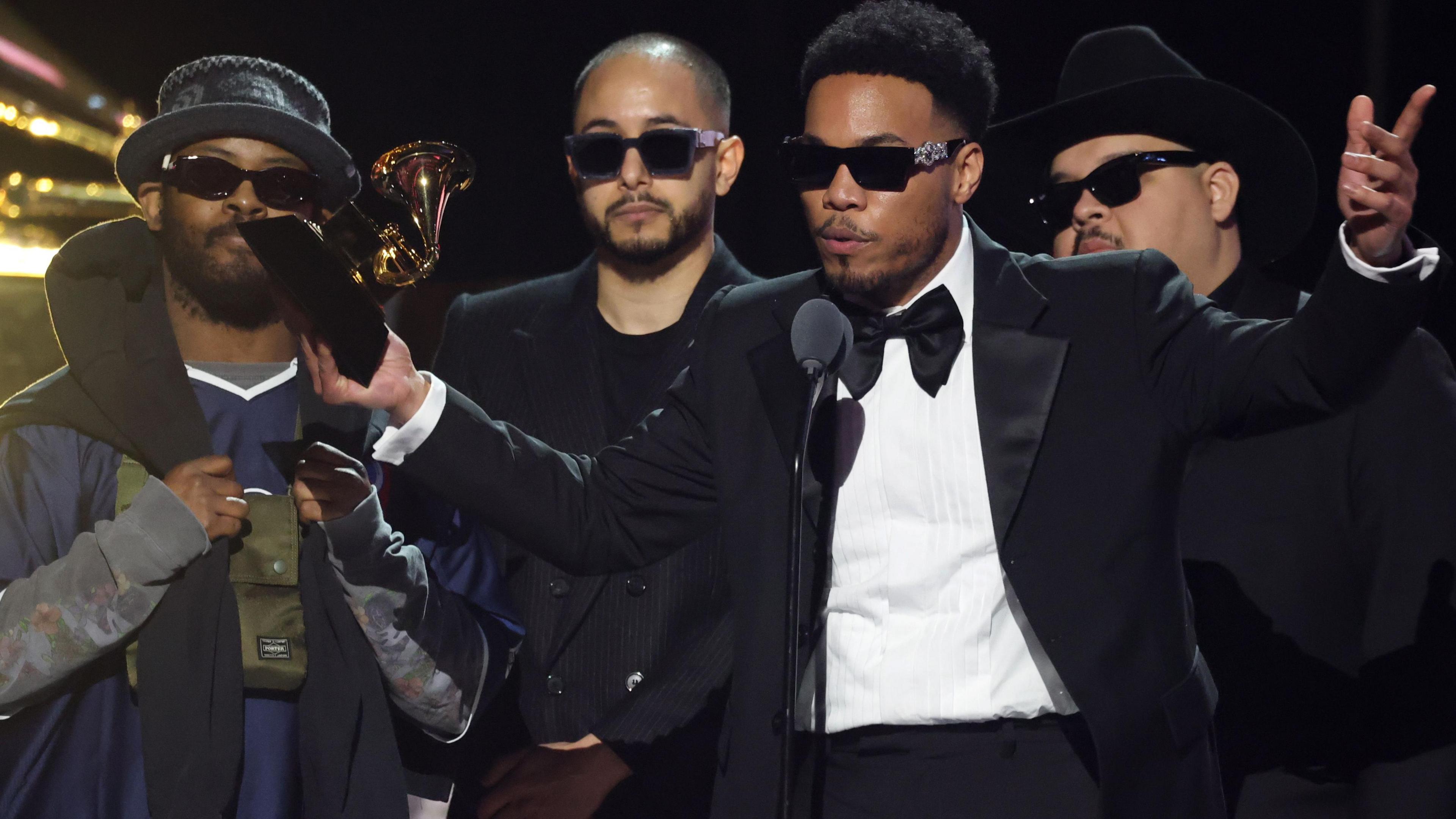 Knxwledge and Anderson .Paak on-stage accepting the best progressive R&B album award