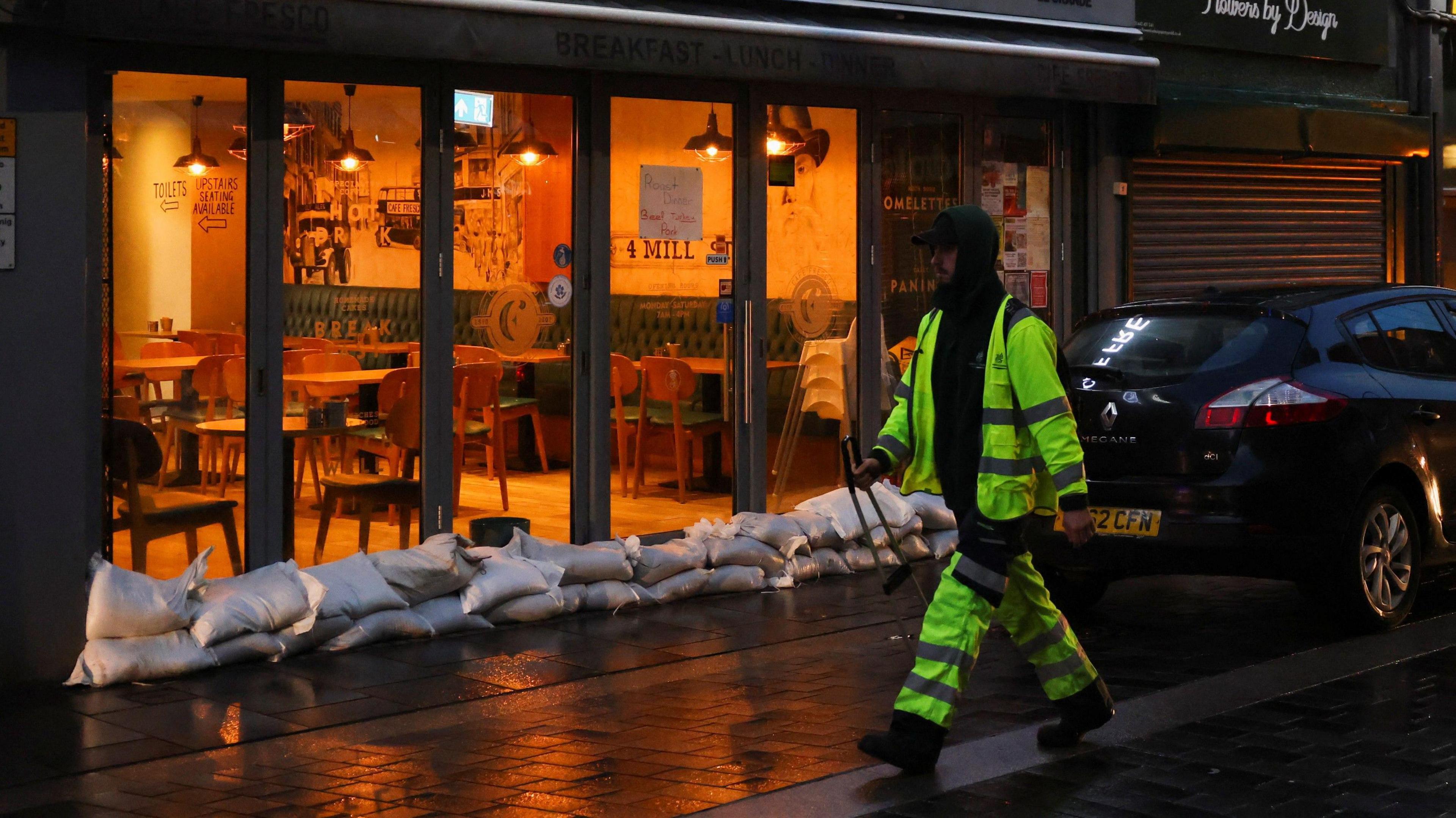 Sandbags outside a cafe in Pontypridd, which was also flooded last weekend.