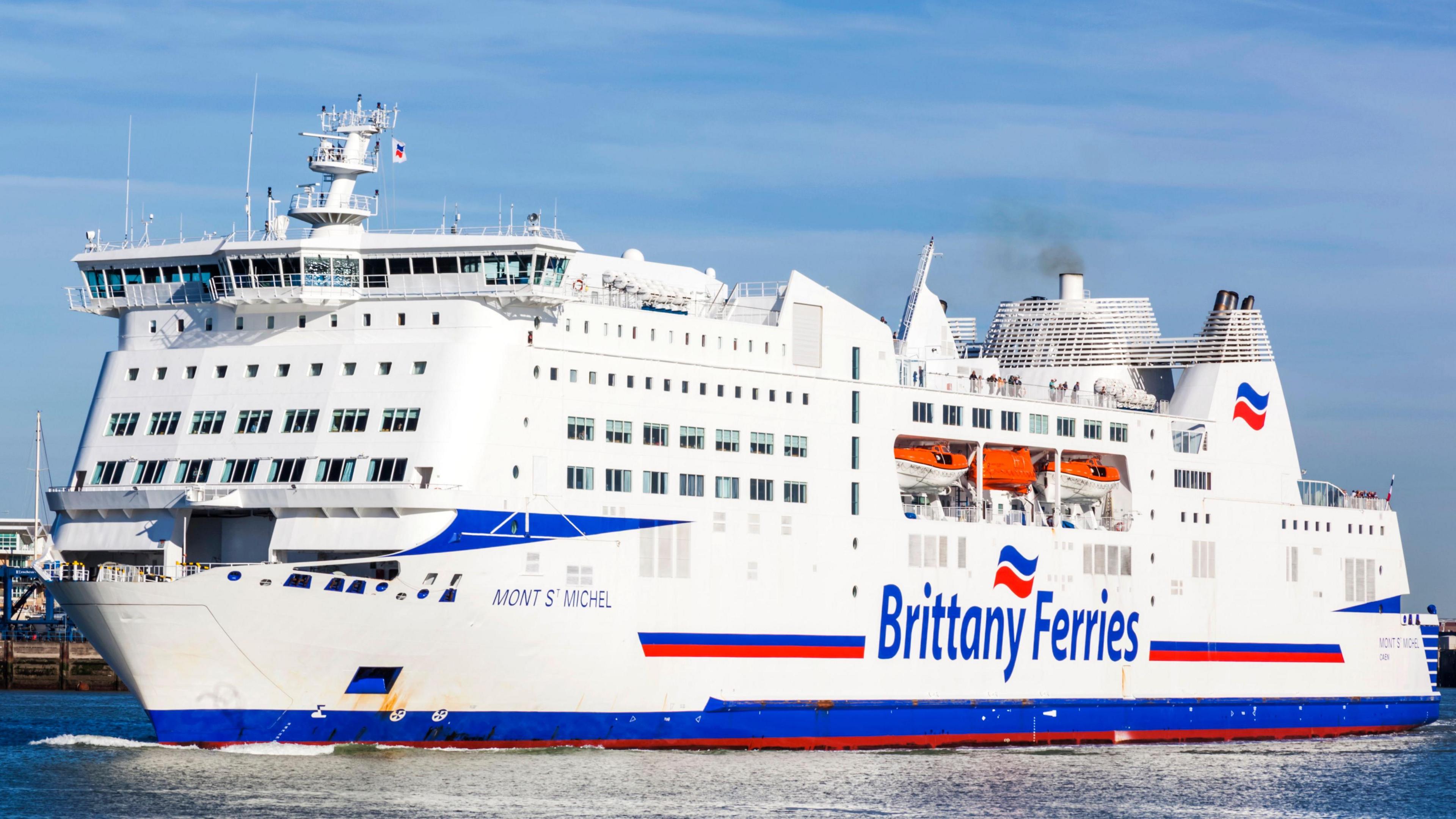 A white ferry with "Brittany Ferries" written on the side.