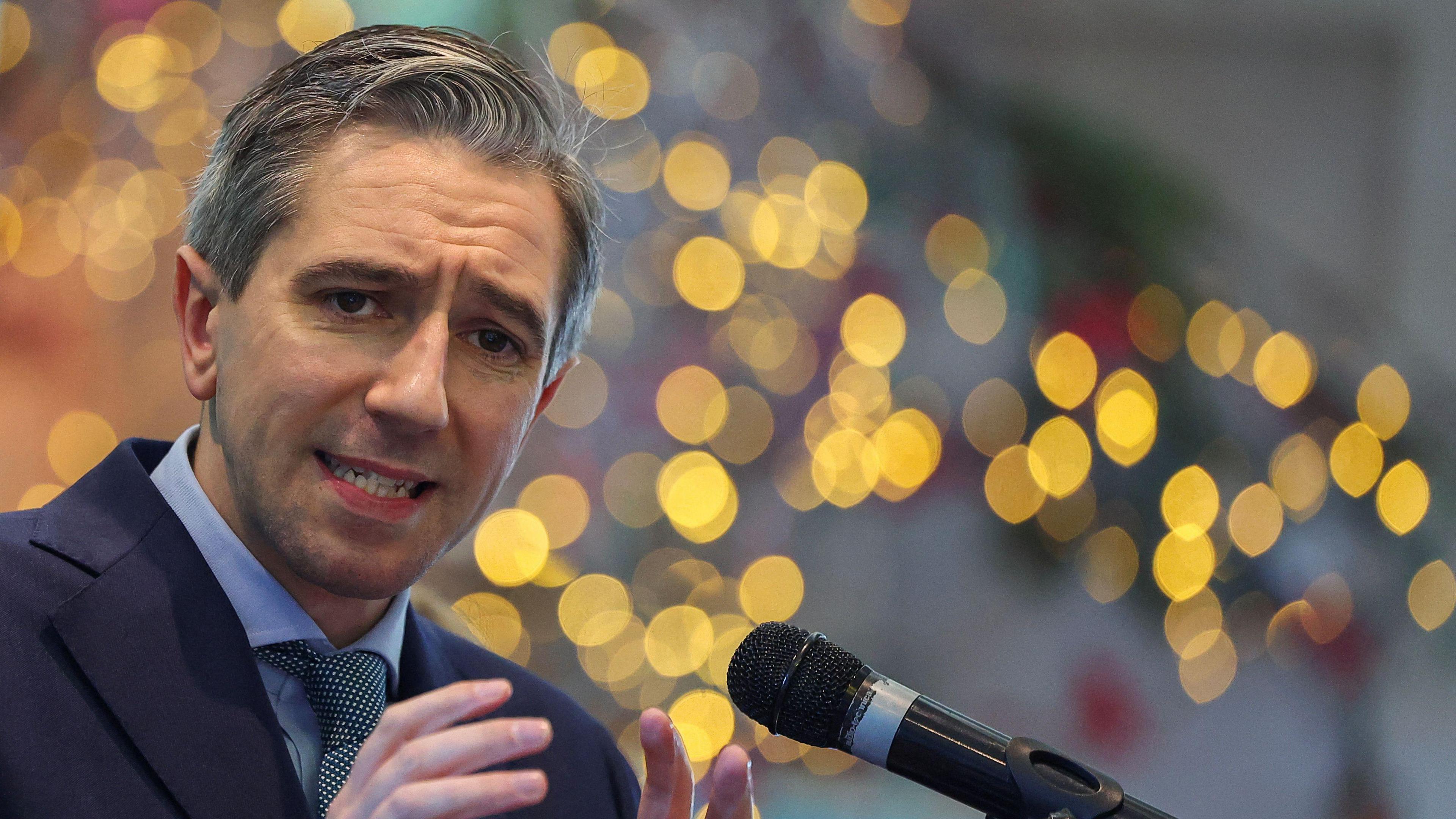 Simon Harris speaks at a campaign event. He has greyish hair, wearing a dark blue blazer, light blue shirt and green polka dot tie. He is speaking into a microphone.