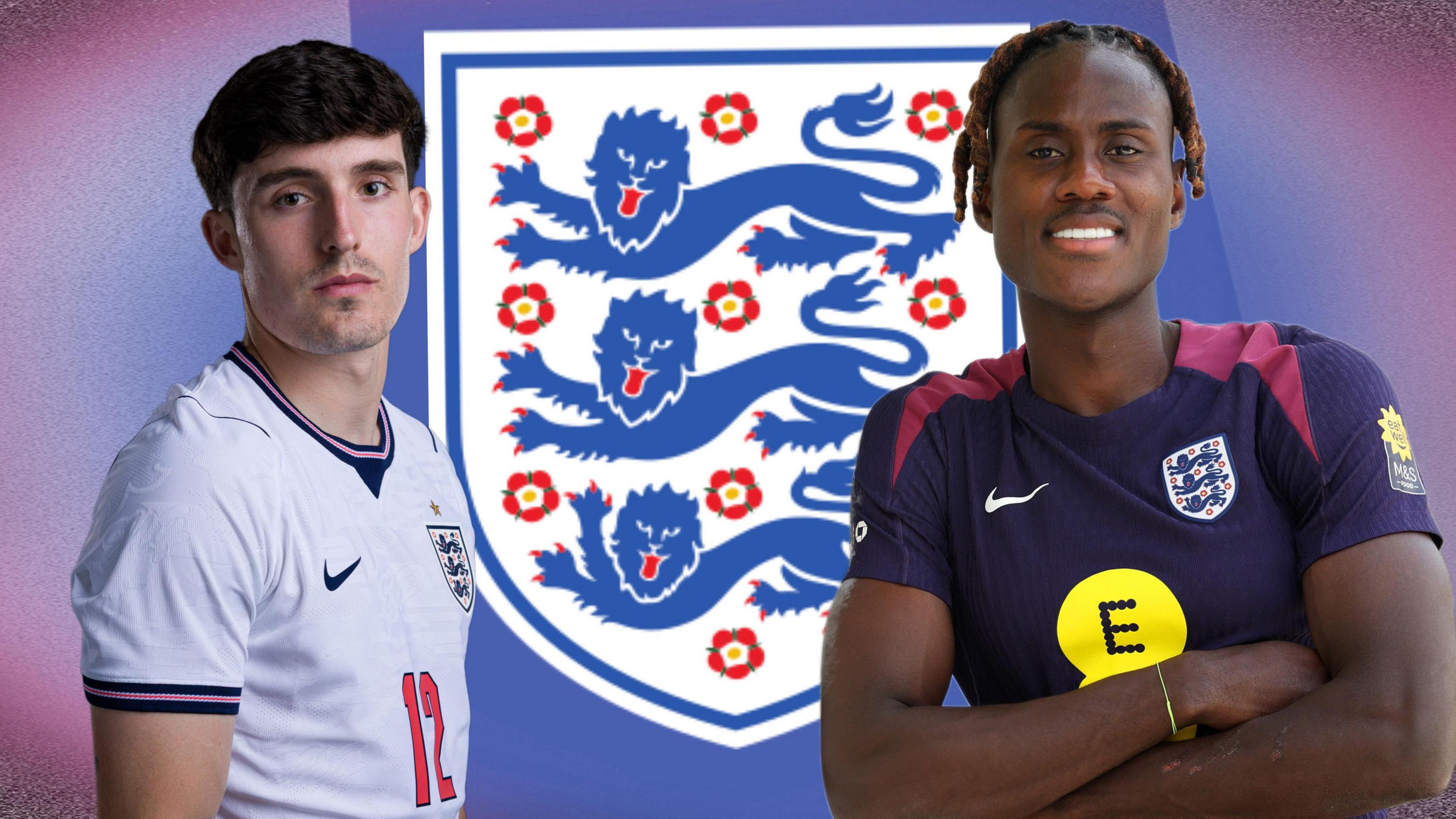 Tino Livramento and Trevoh Chalobah in front of England three lions crest. 