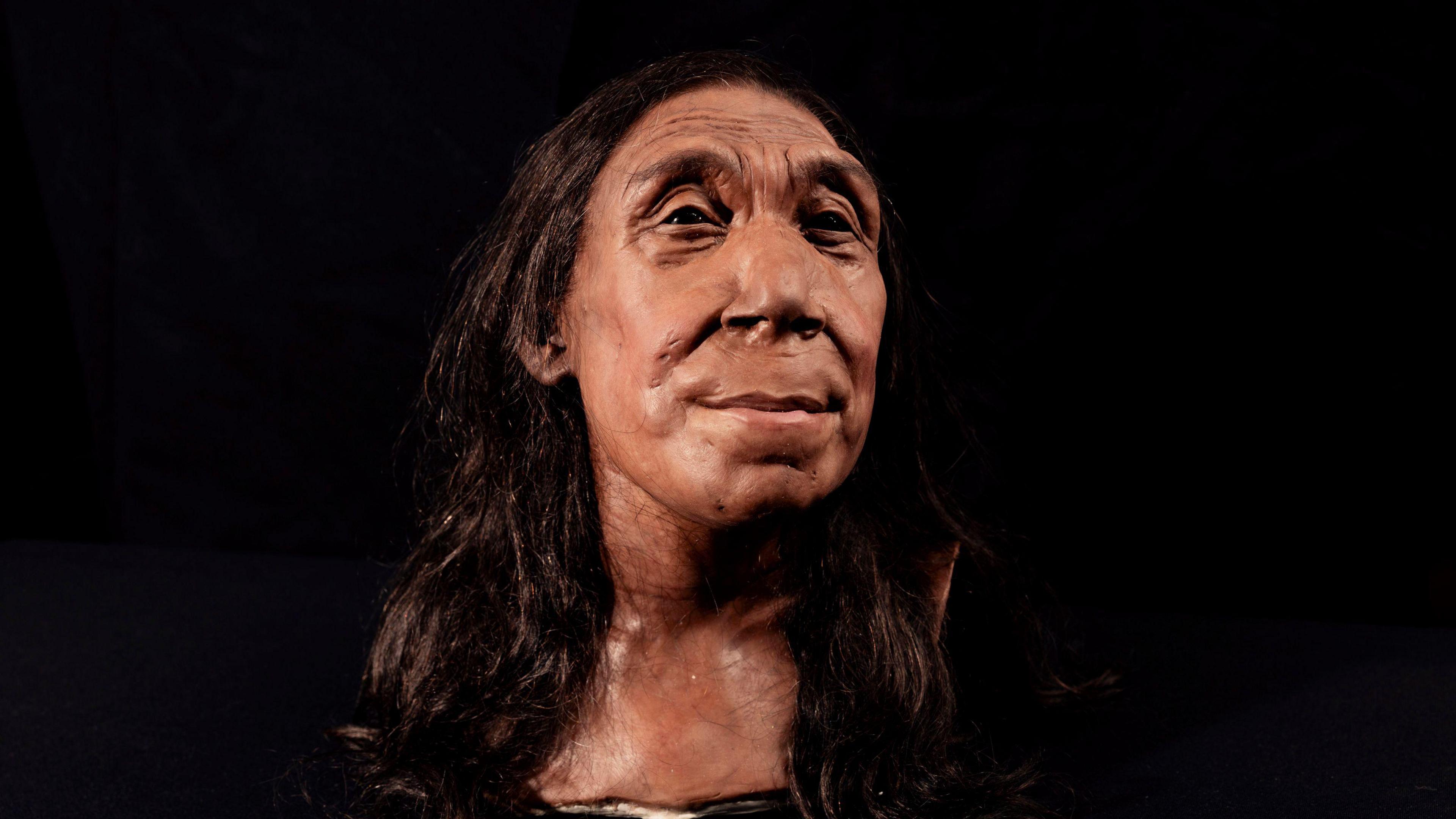 model of a head of Shanidar Z, made by the Kennis brothers for the Netflix documentary, Secrets of the Neanderthals based on 3D scans of a reconstructed skull.