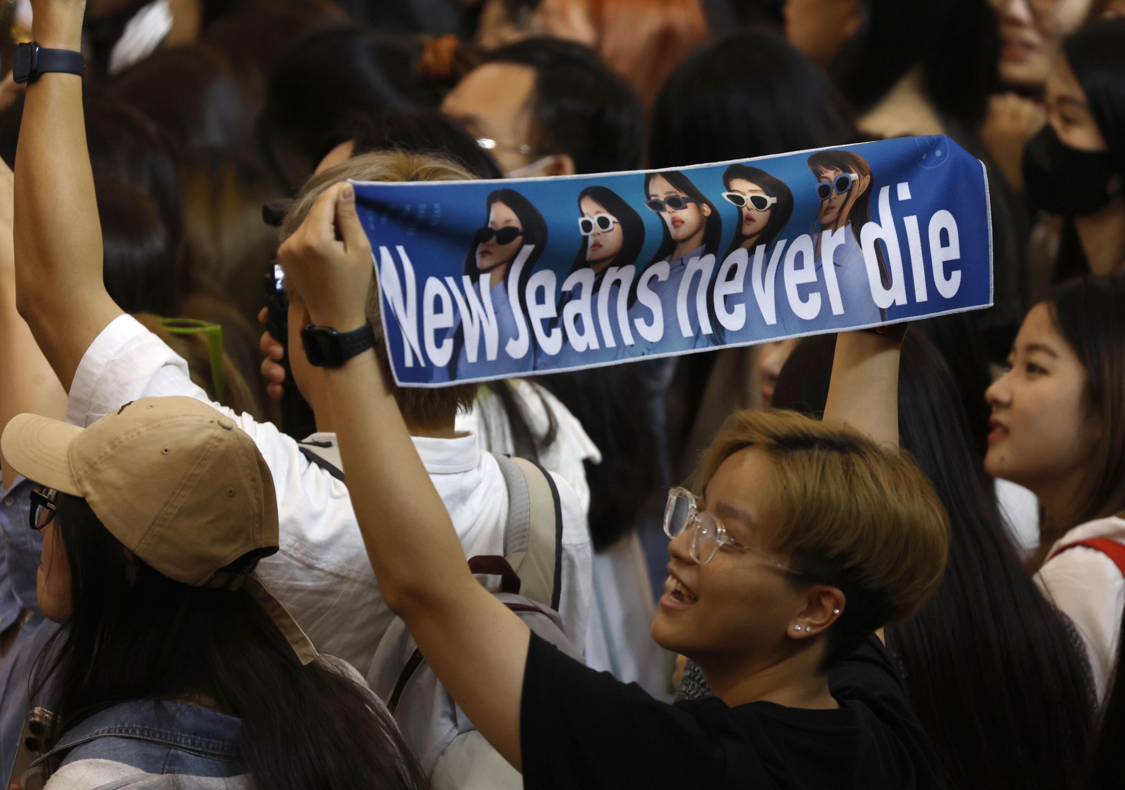 A fan attending a NewJeans concert holds up a banner reading "NewJeans never die"