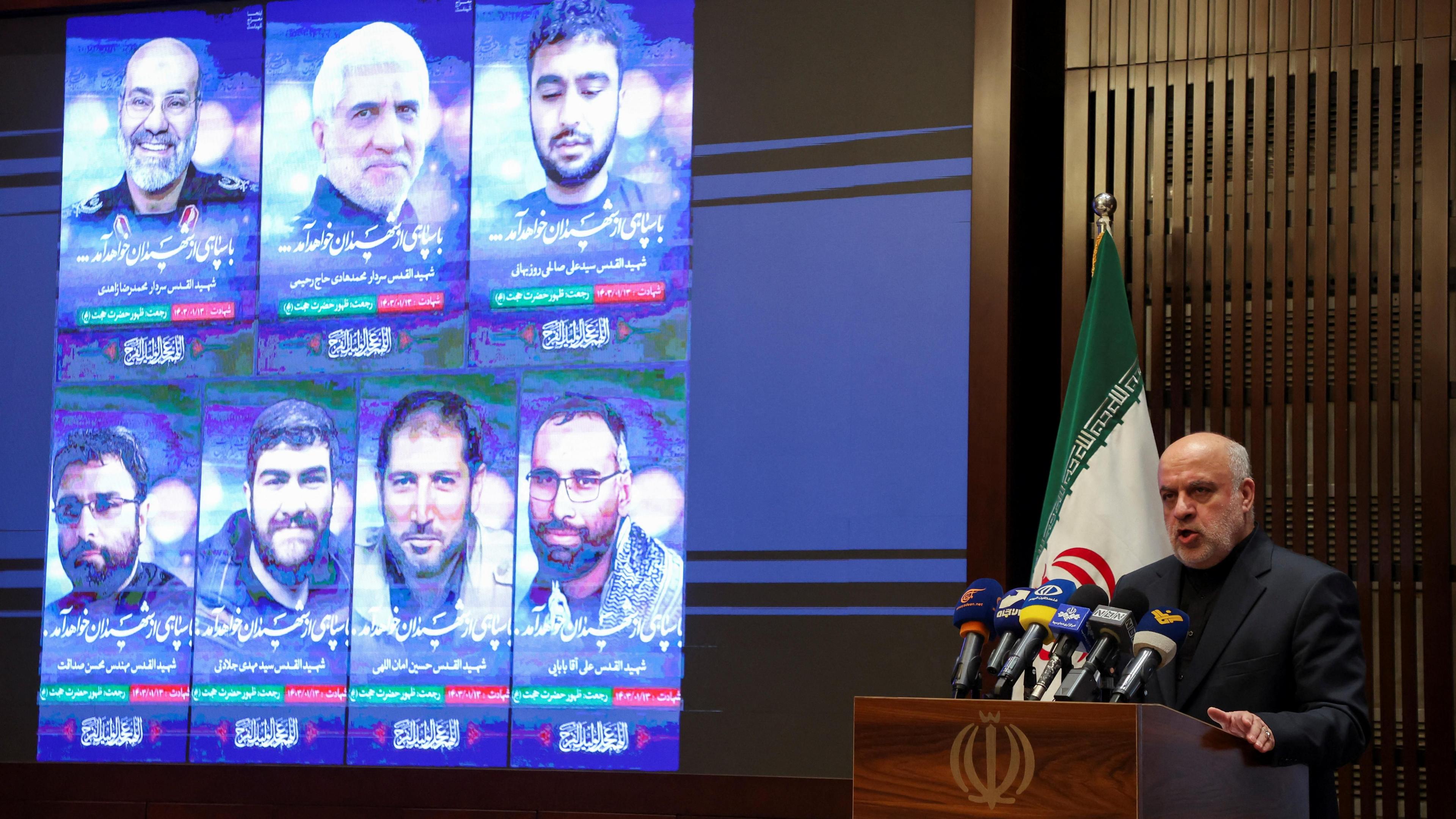 Iran's ambassador to Lebanon, Mojtaba Amani, speaks during an event to commemorate the IRGC personnel killed in an air strike on the Iranian consulate in Damascus, Syria, at the Iranian embassy in Beirut (3 April 2024)