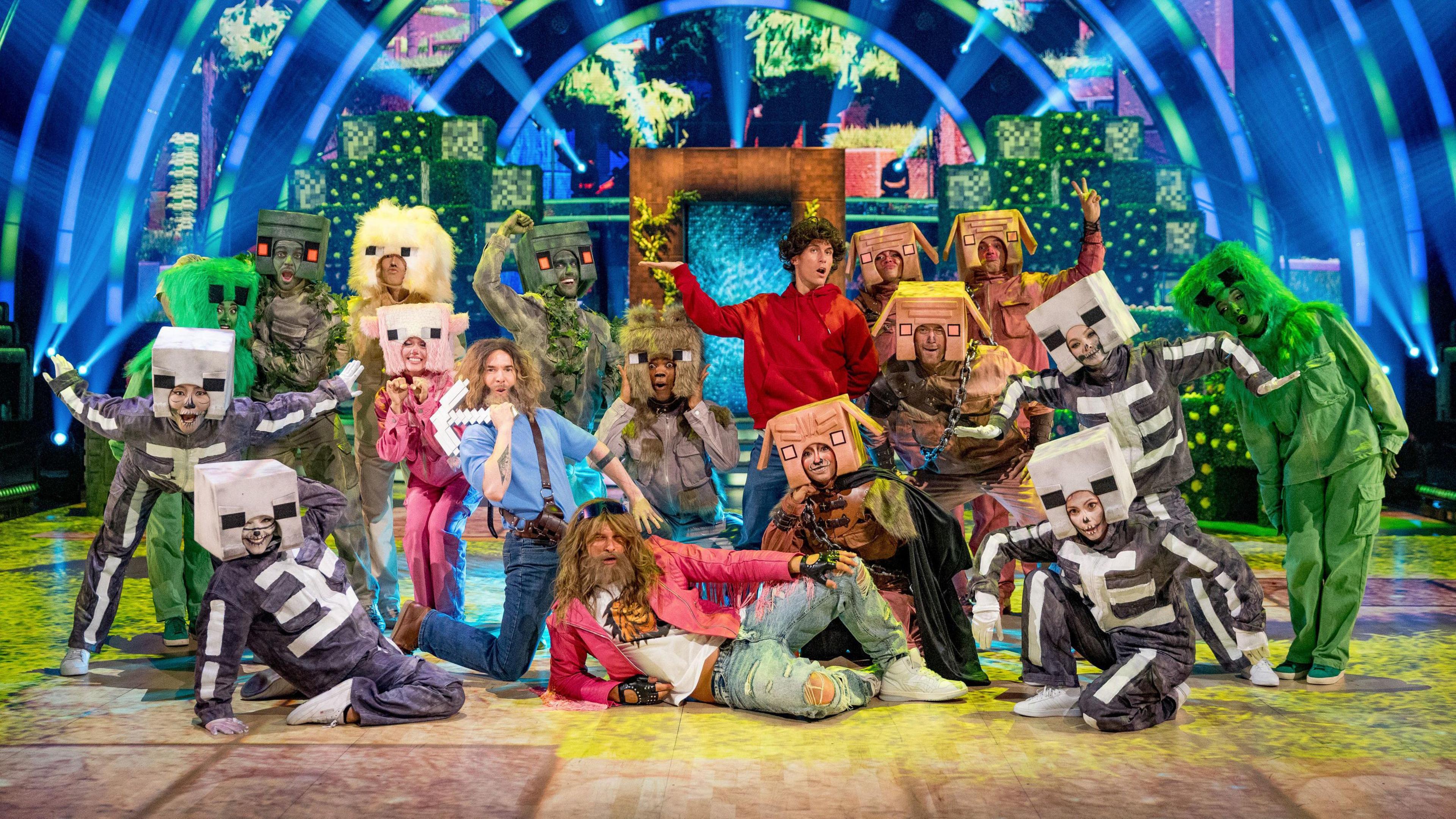 The strictly professional dancers all dressed up in costumes from the Minecraft movie, posing on the dance floor.