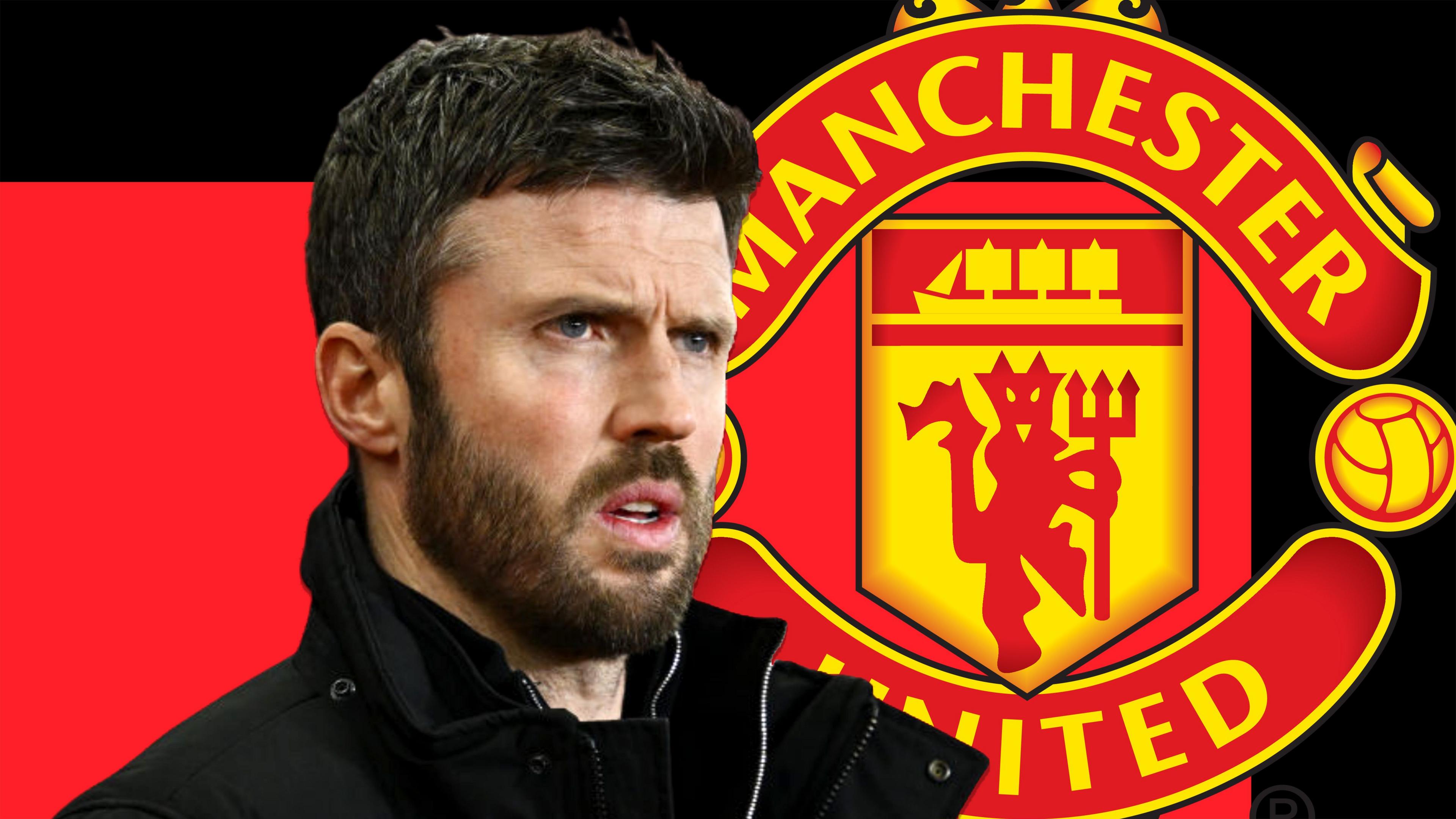 A graphic of Michael Carrick in front of a red and black background and the Manchester United club badge