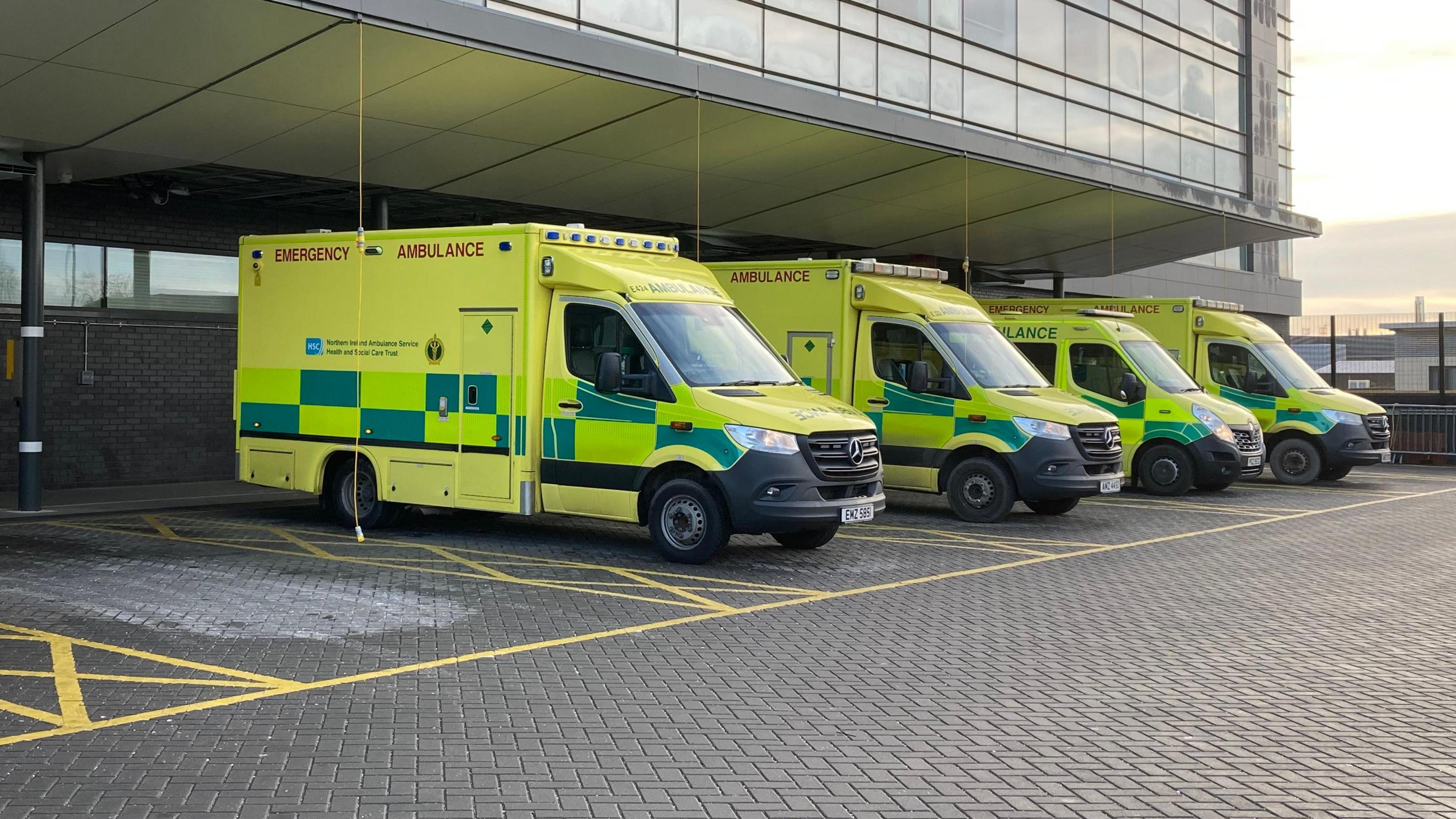 A row of yellow NIAS ambulances at the Ulster Hospital, Upper Newtownards Road Dundonald, pictured last week