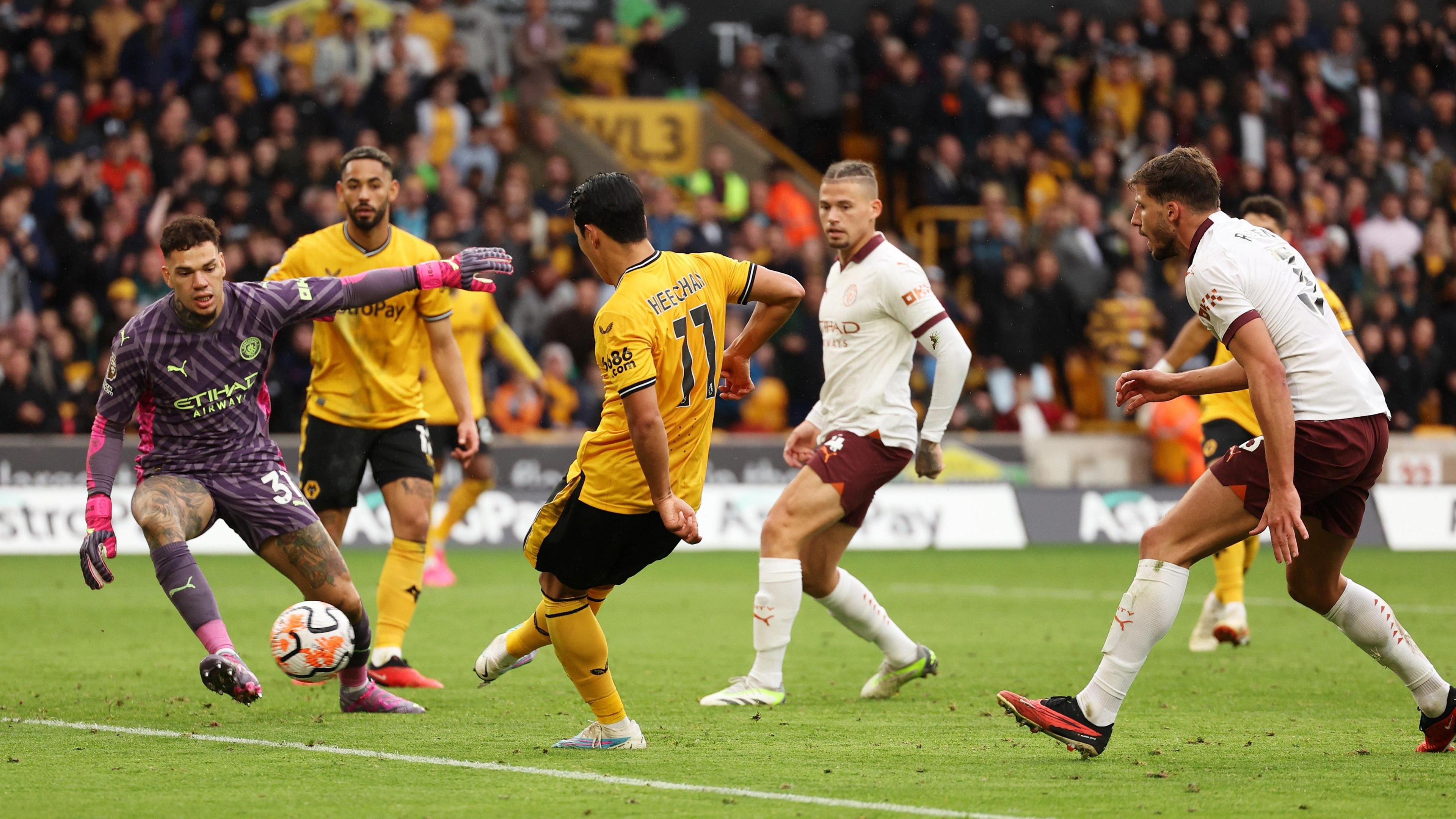 Hwang Hee-Chan scores Wolves' winner in their 2-1 win over Manchester City last season.