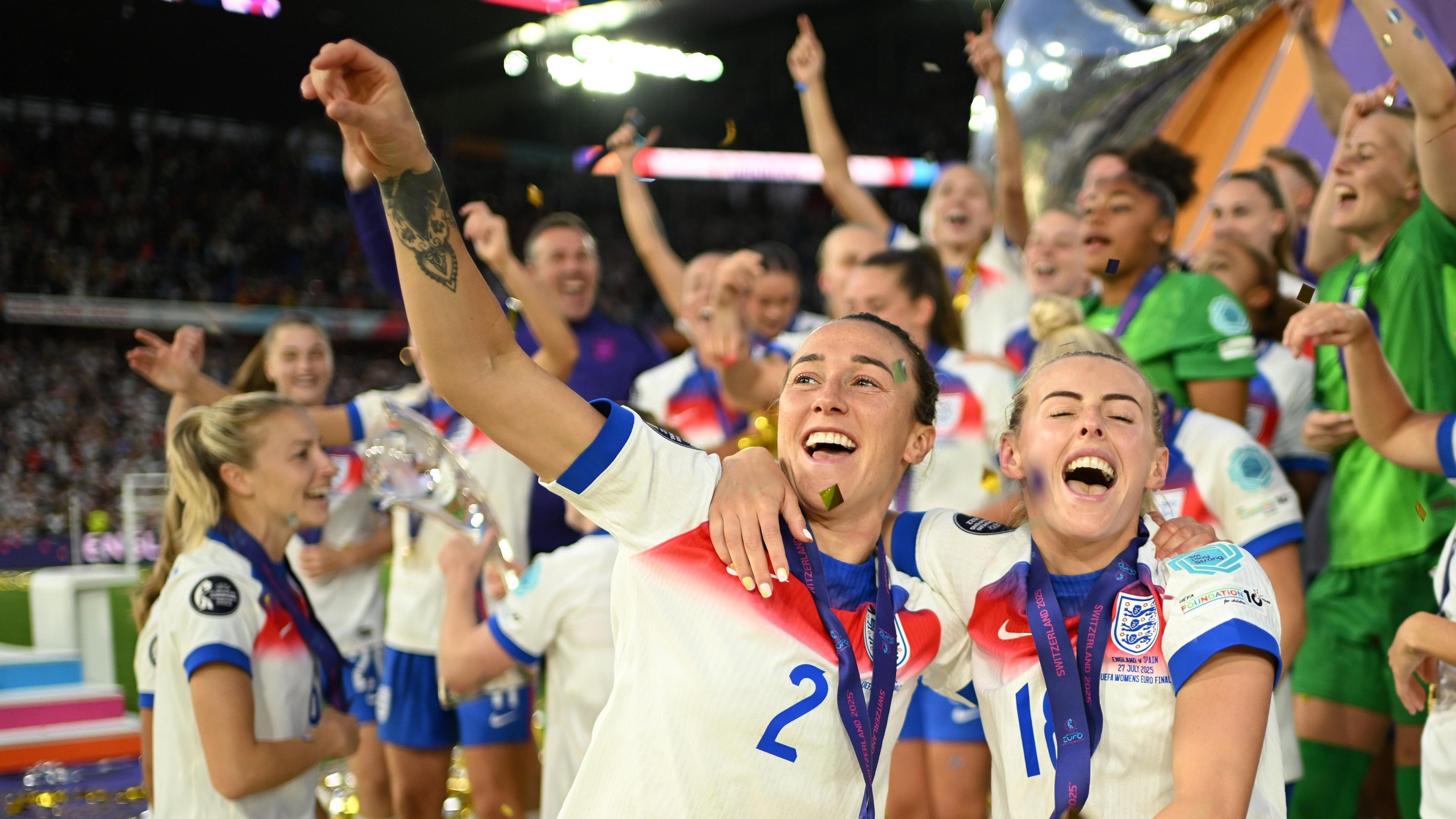 England's Lucy Bronze and Chloe Kelly celebrate after winning Euro 2025 in Switzerland
