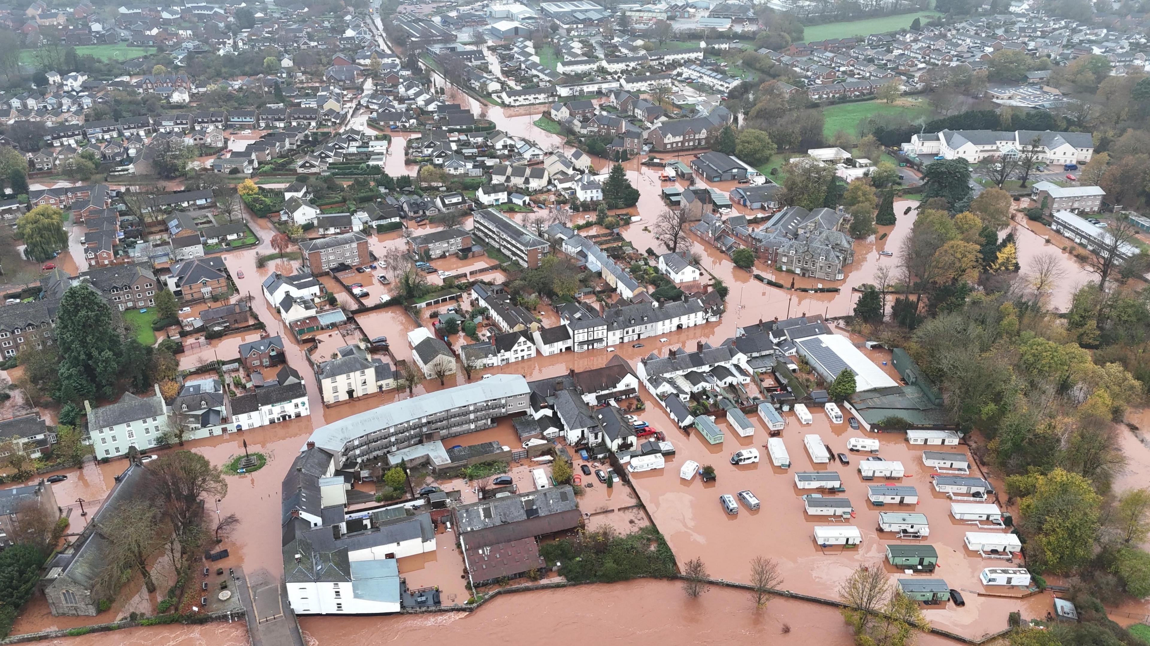 An aerial view of the flooded town of Monmouth in south Wales