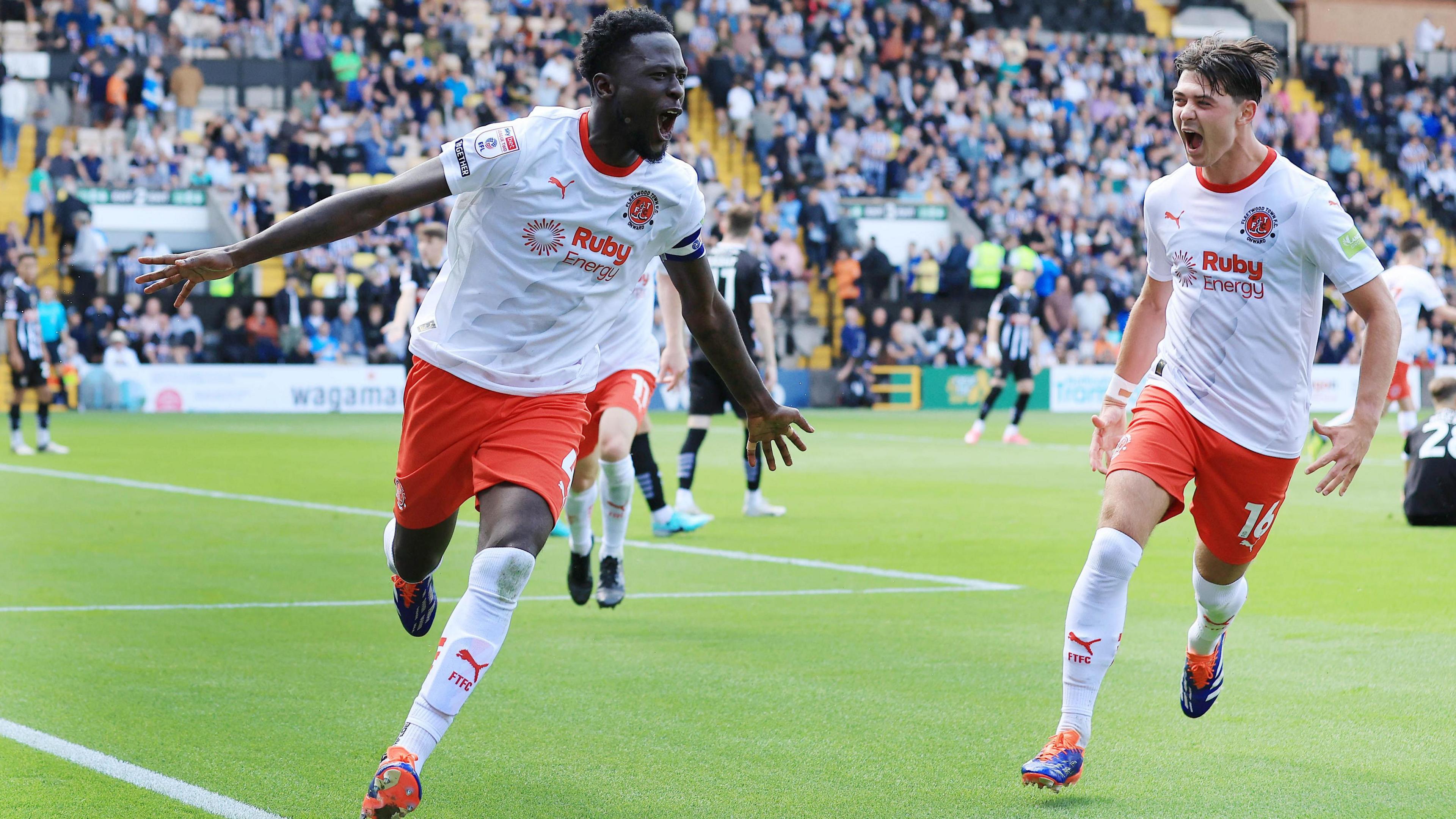 Brendan Wiredu celebrates scoring for Fleetwood Town