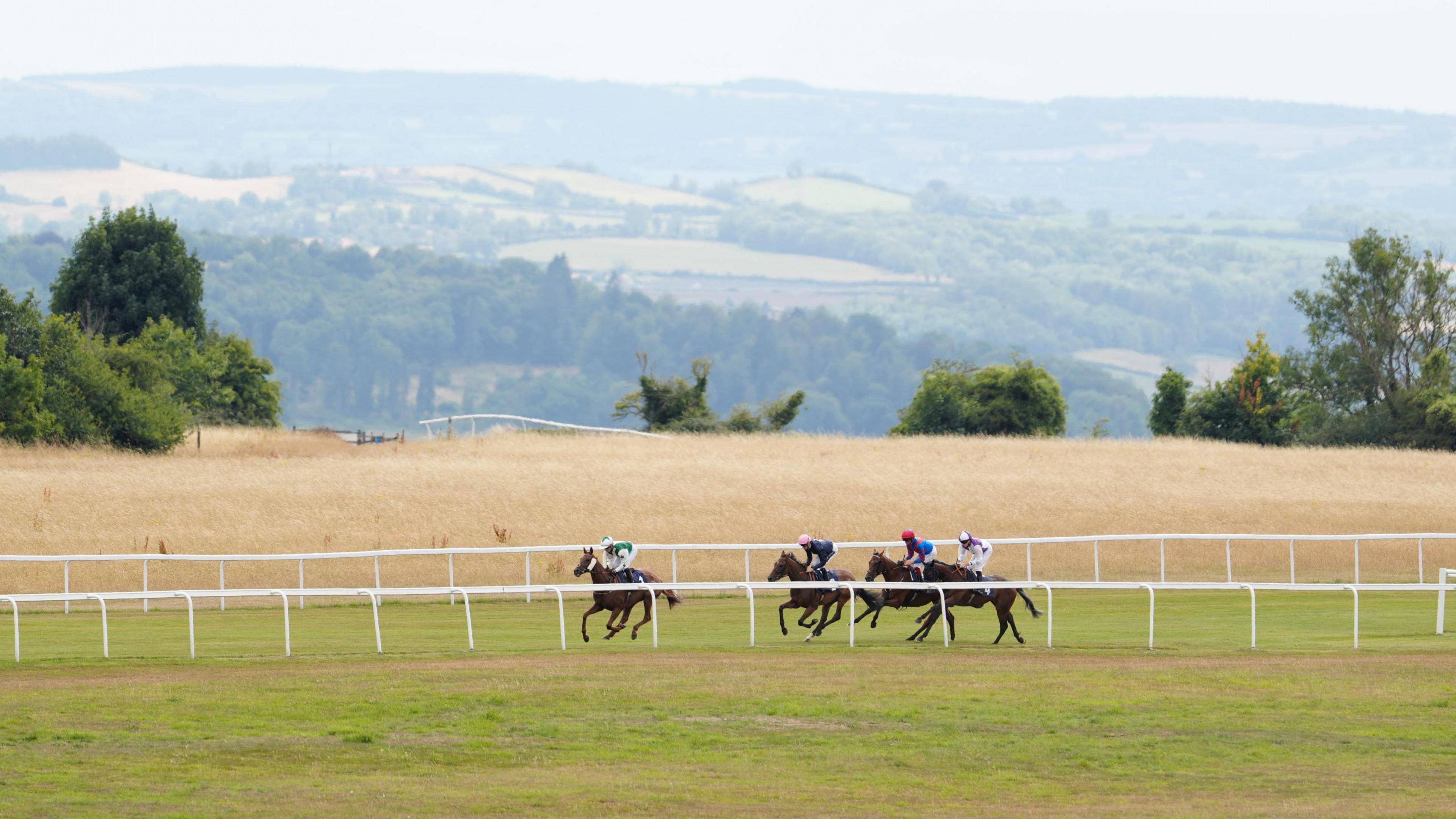 Four horses with jockeys are seen in the distance riding during a race at Bath Racecourse. In the distance a hill ridge is visible with areas of woodland and farmland. It is a sunny, clear day