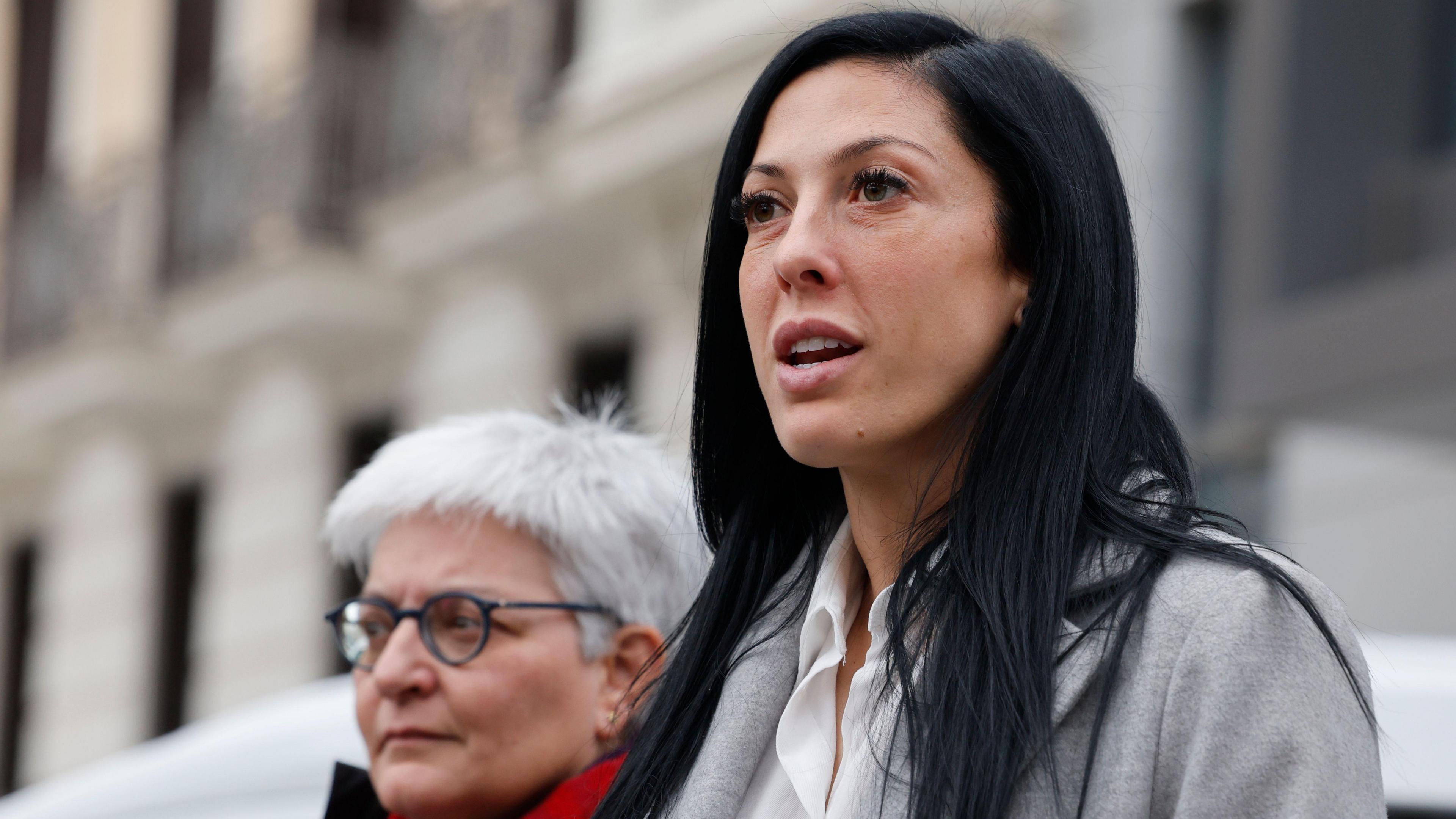 Jenni Hermoso speaking outside Spain's High Court