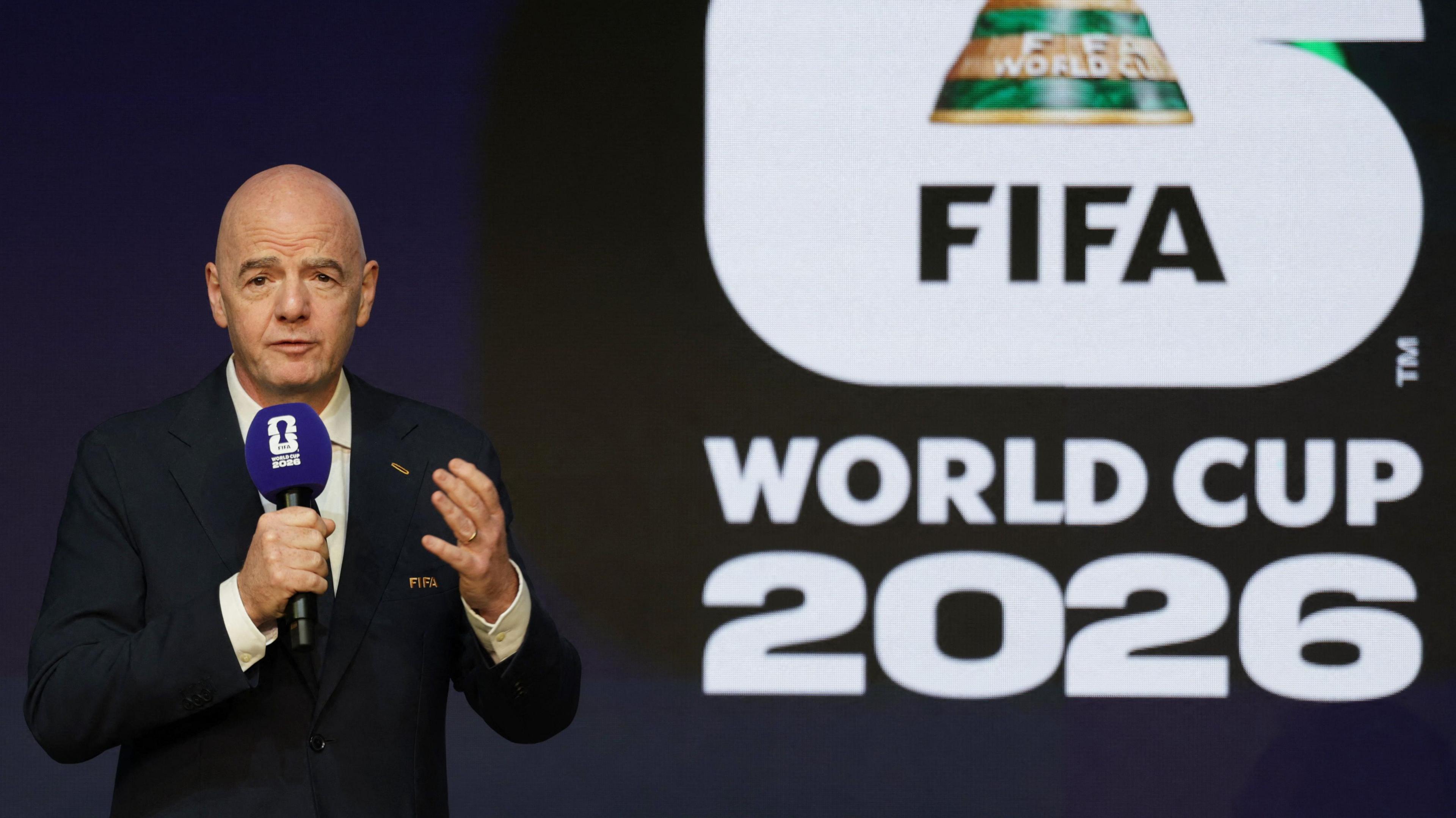Fifa president Gianni Infantino speaks during the Fifa World Cup 2026 match schedule announcement 