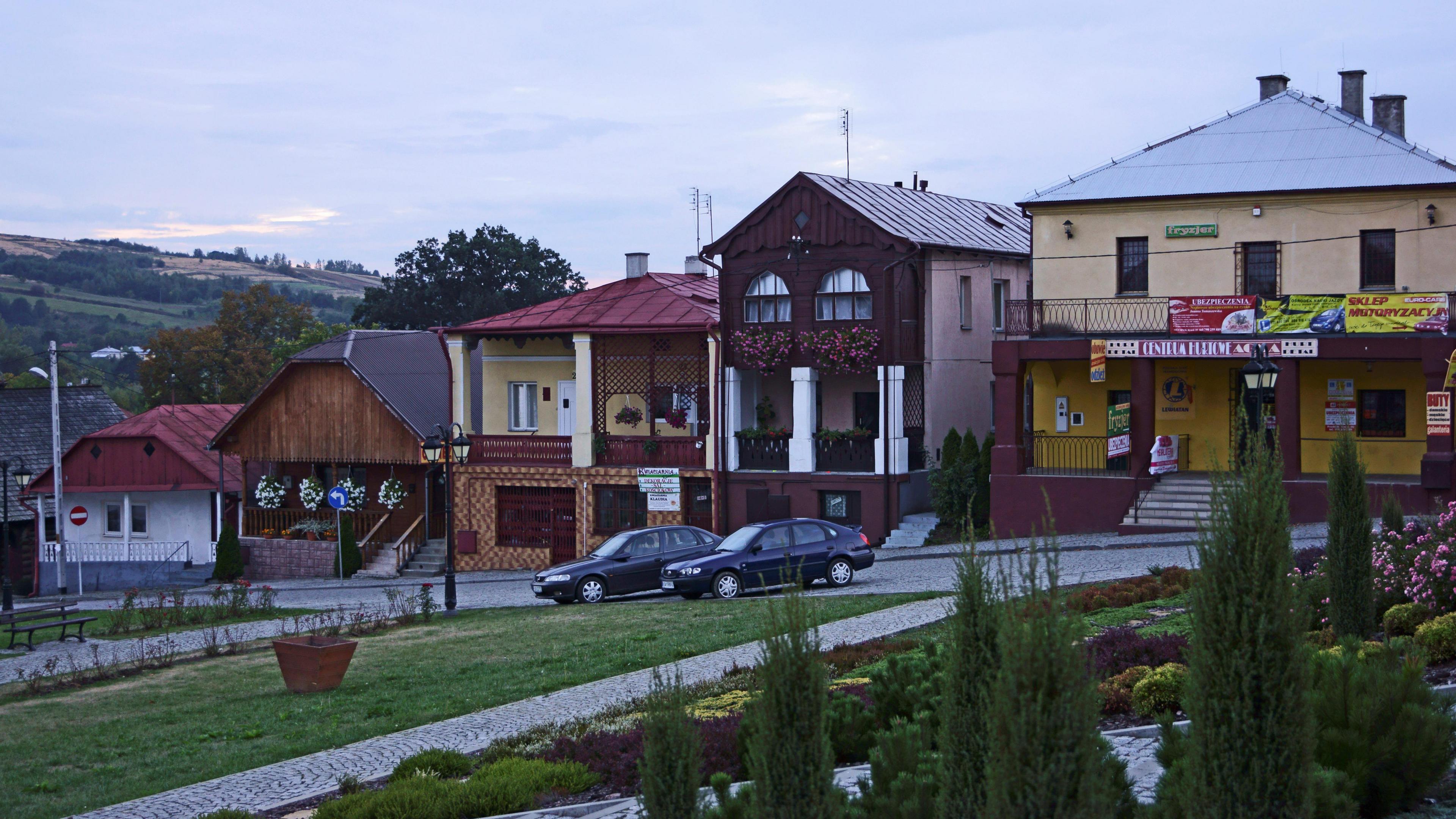 Houses on a road in Pruchnik, Poland. In the foreground are some gardens.