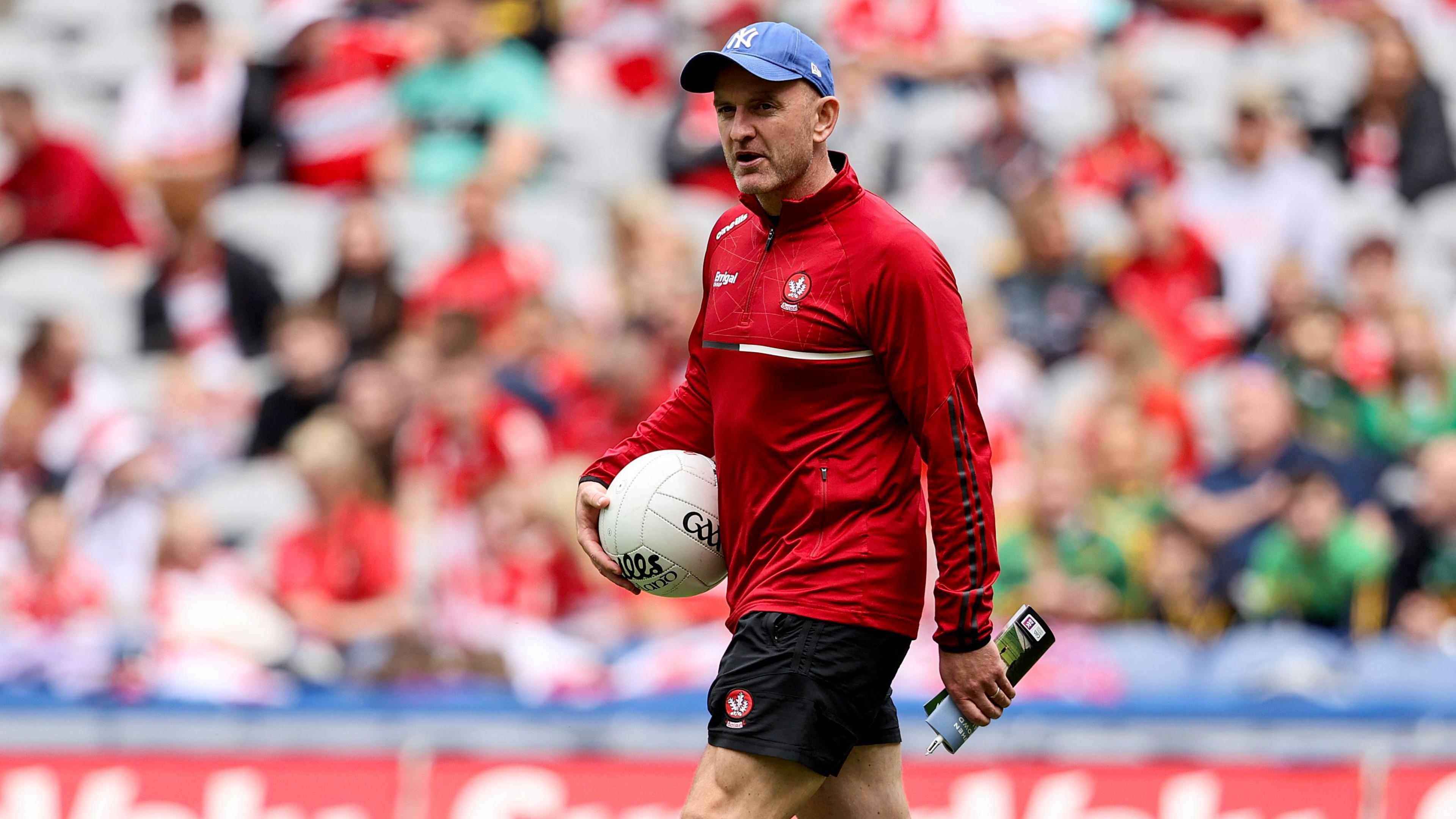 Ciaran Meenagh surveys the Derry warm-up ahead of their All-Ireland quarter-final clash with Cork at Croke Park in 2023
