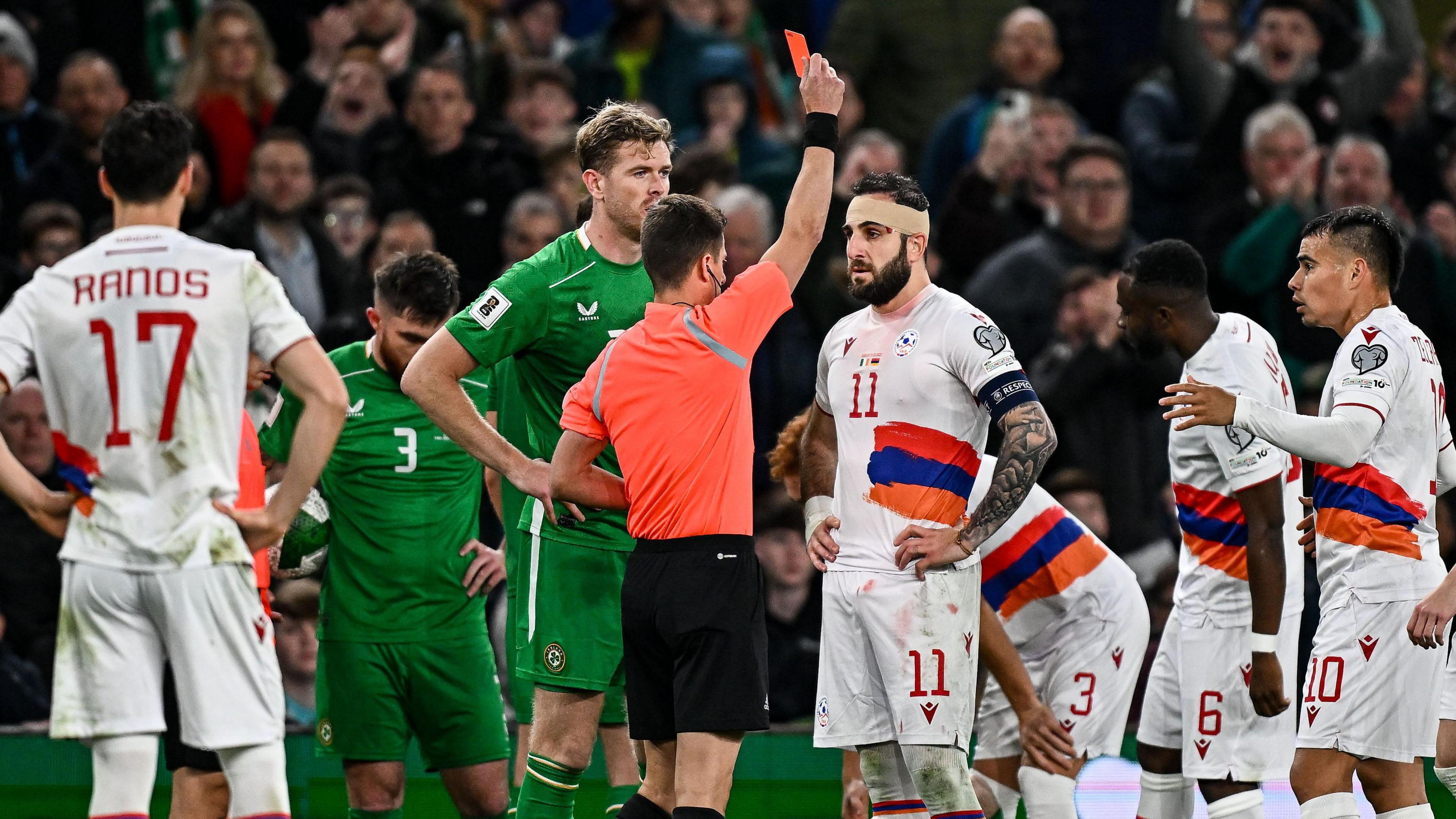 Tigran Barseghyan is shown a red card