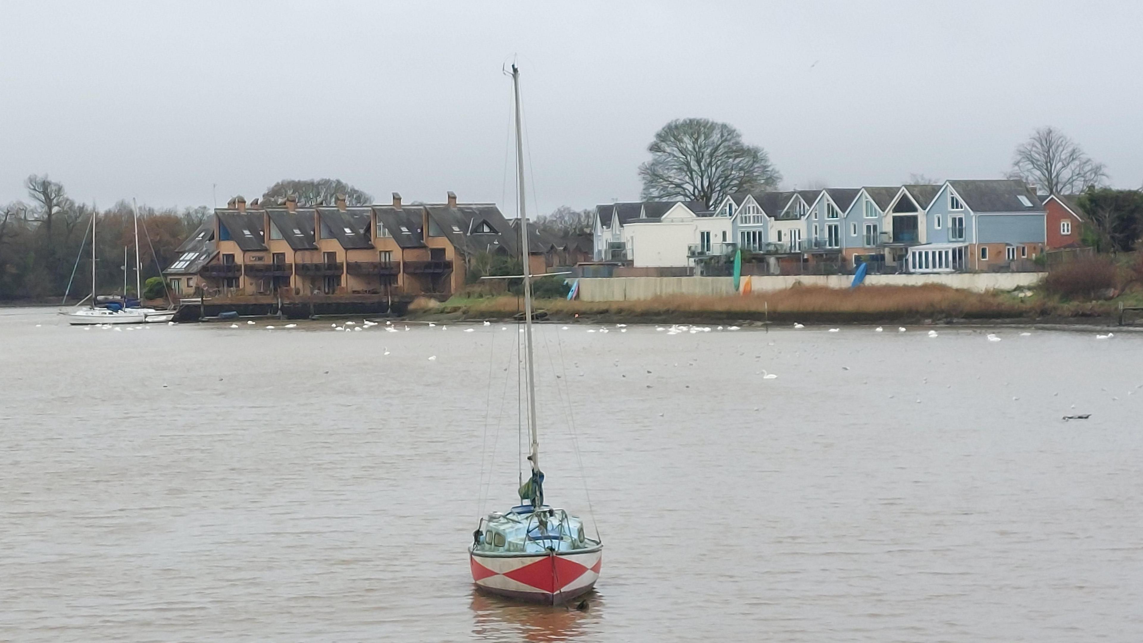 A sailing boat moored in a river with a light blue and red hull and a mast. On the far bank are two rows of houses. One is brick, the other is blue and white There are several white birds in the water. The sky overhead is overcast.