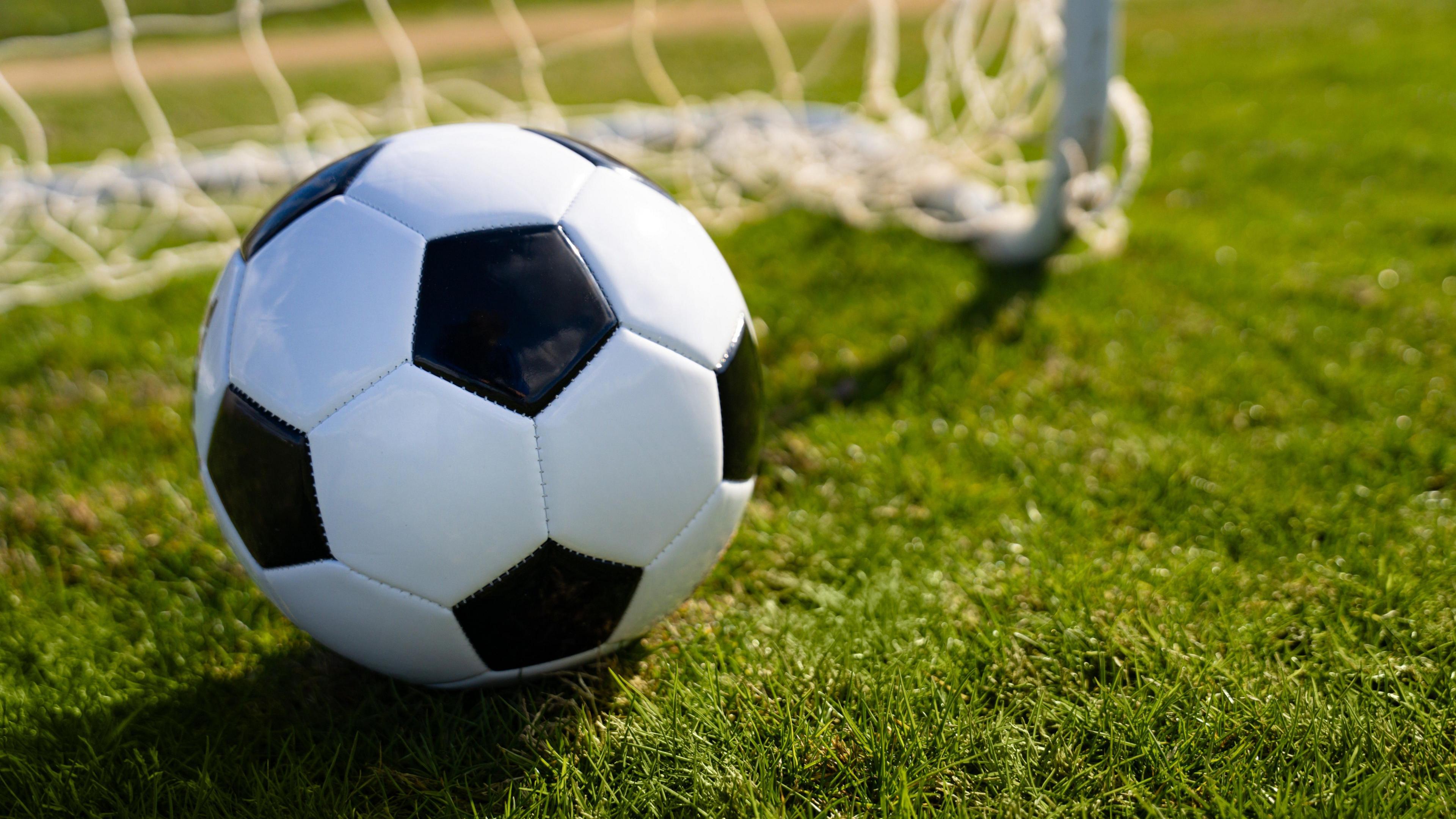 A black and white football sits on a grass pitch, with a net and goalposts in the background.