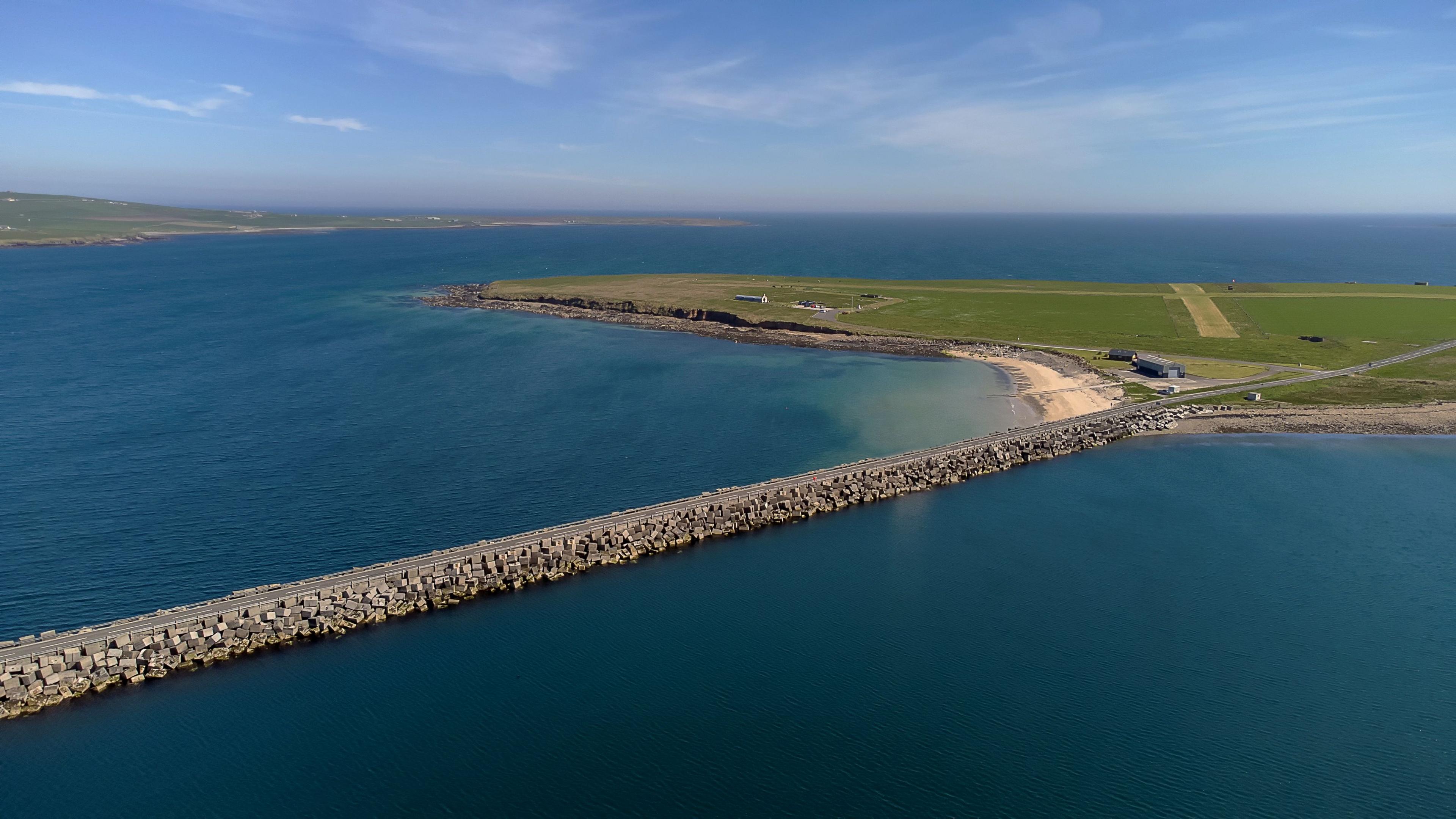 An aerial view of the Churchill Barriers in Orkney