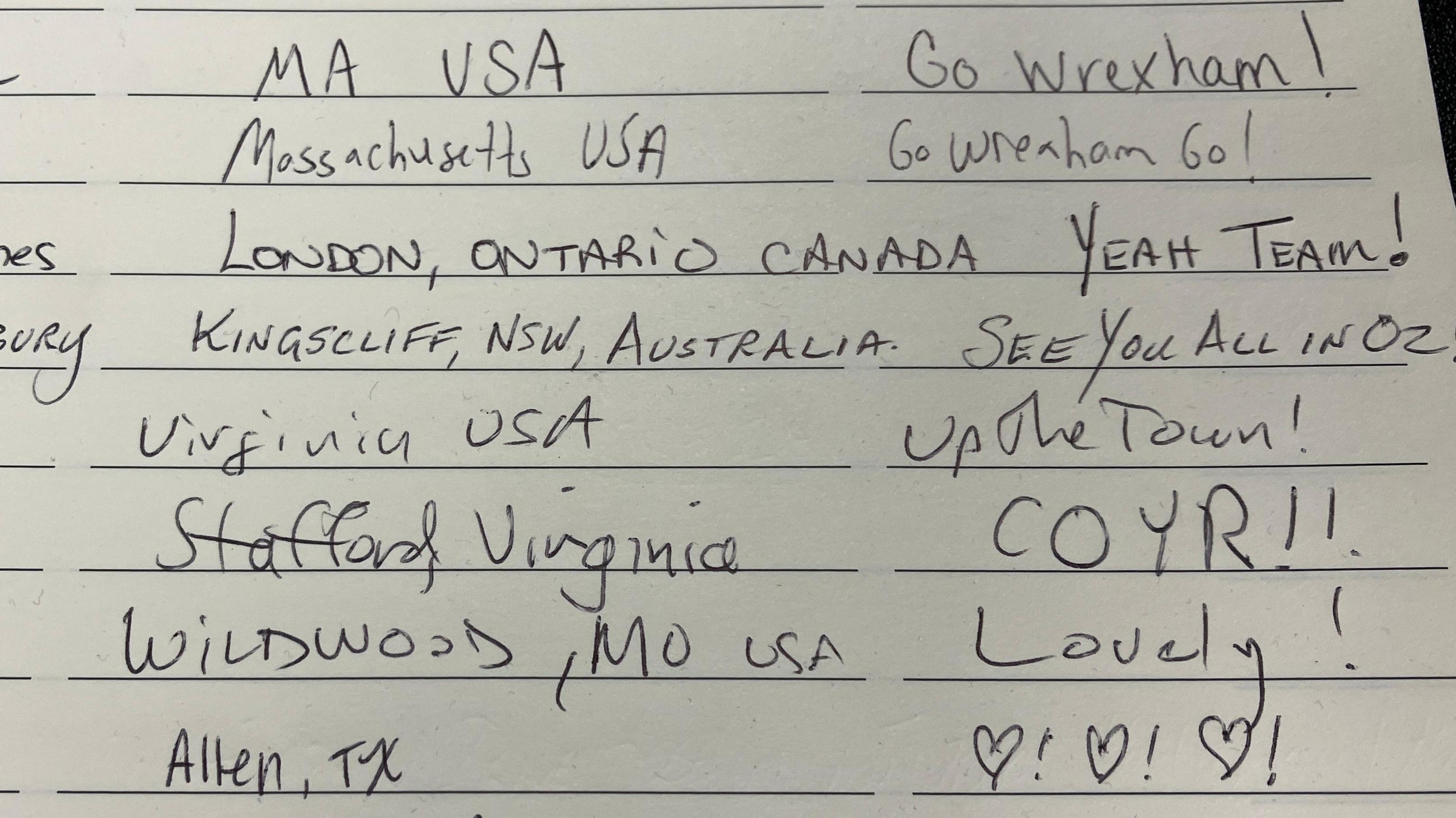 Wrexham FC visitor's book with signatures from America and Canada