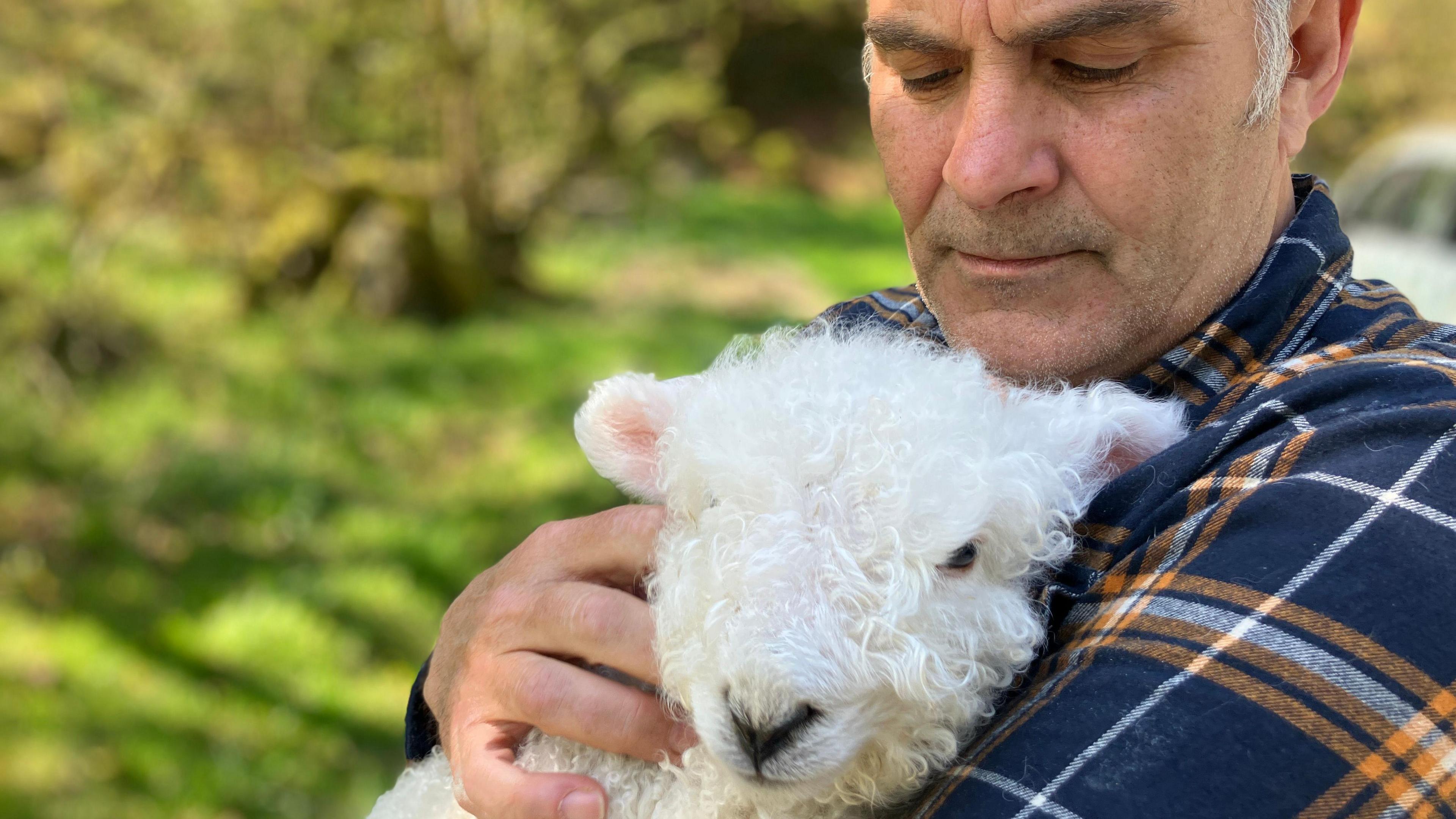 Stephen wearing a check shirt cuddles one of his rare breed lambs on Dartmoor