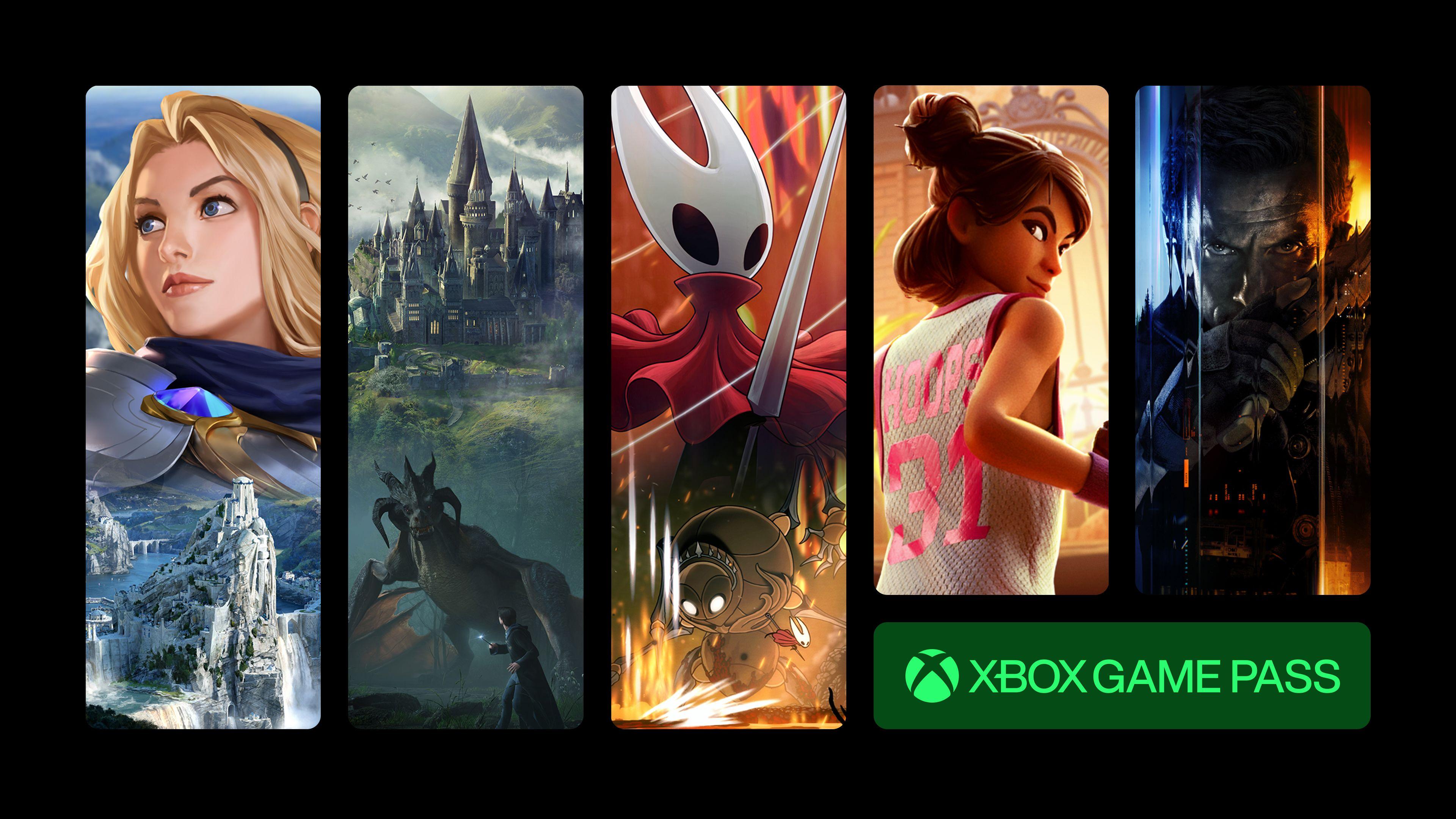 An infographic divided into five vertical panels, each displaying artwork from five different games available on Microsoft's Game Pass service, Hogwarts Legacy, Hollow Knight: Silksong,  Call of Duty: Black Ops 7.