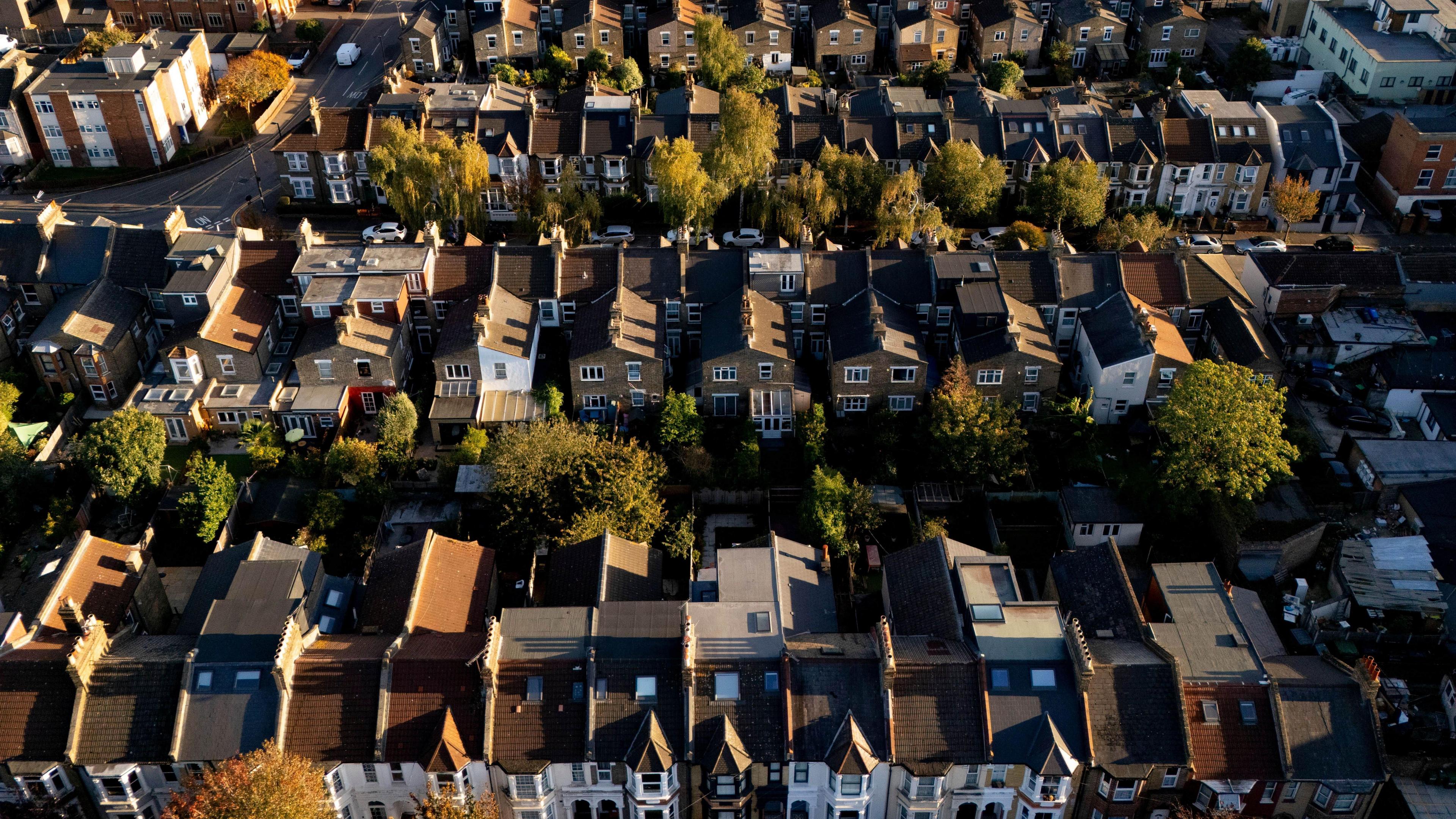 An aerial view of about 100 houses