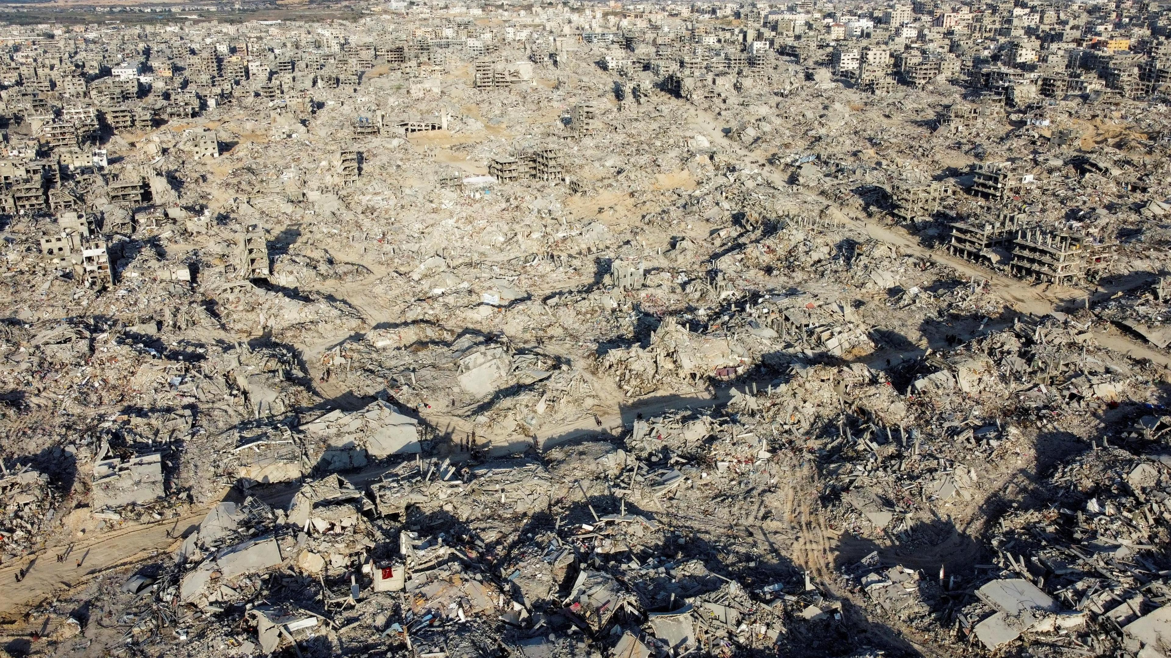 Screenshot of a drone video showing destroyed buildings in Jabalia, northern Gaza (20 January 2025)