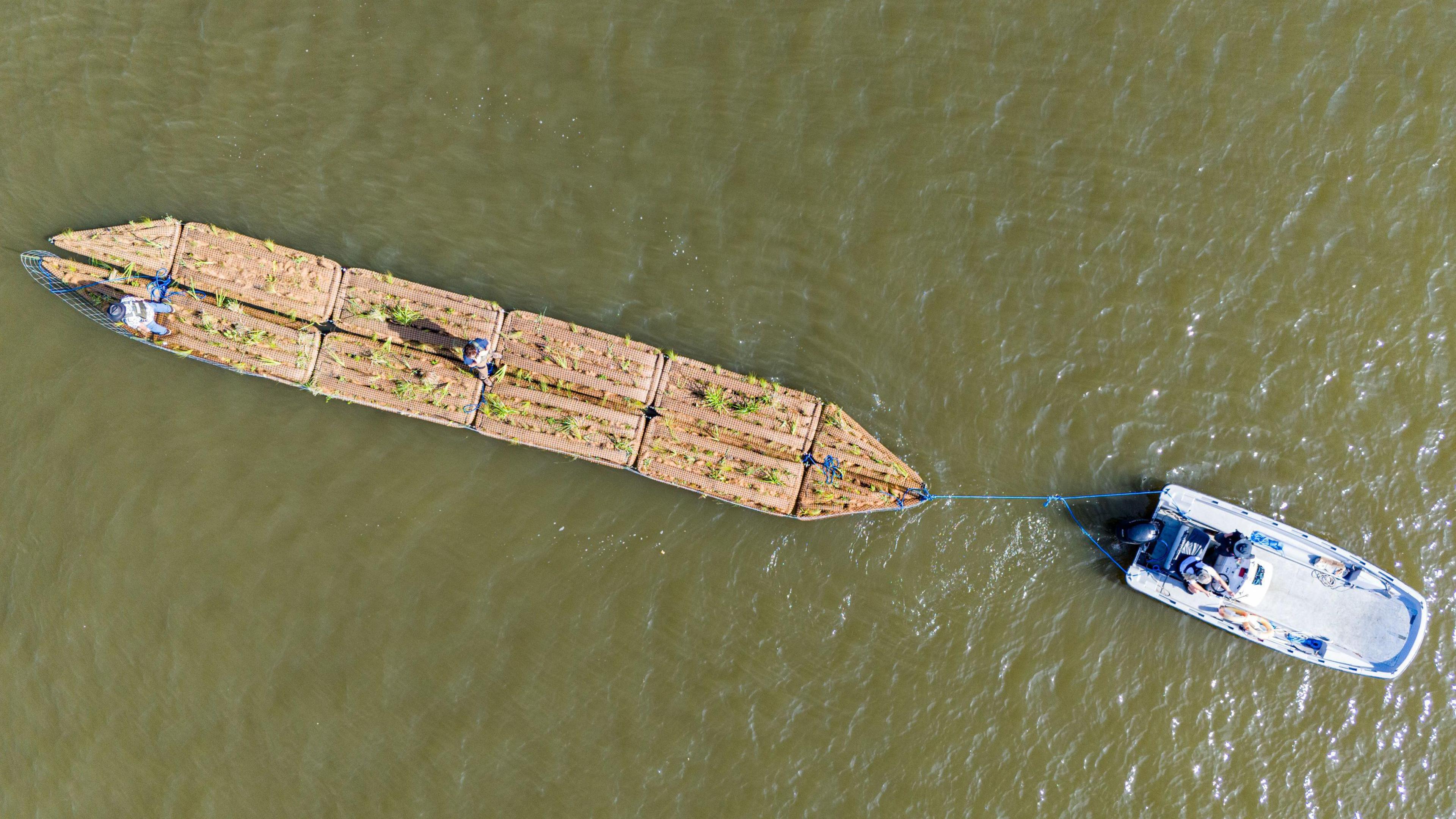 An aerial image of the platform floating in the river