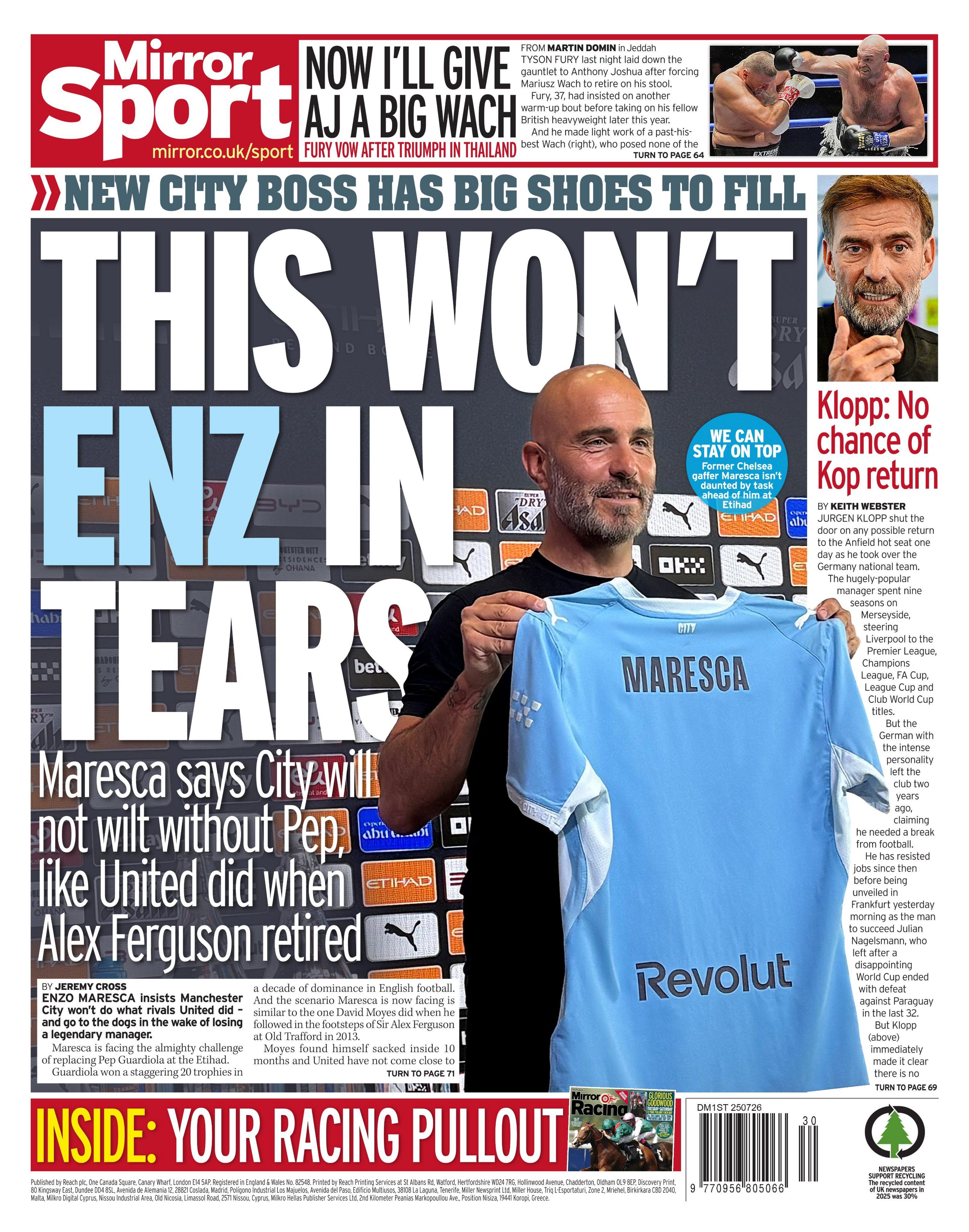 Back page of the Daily Mirror on 25 July 2026