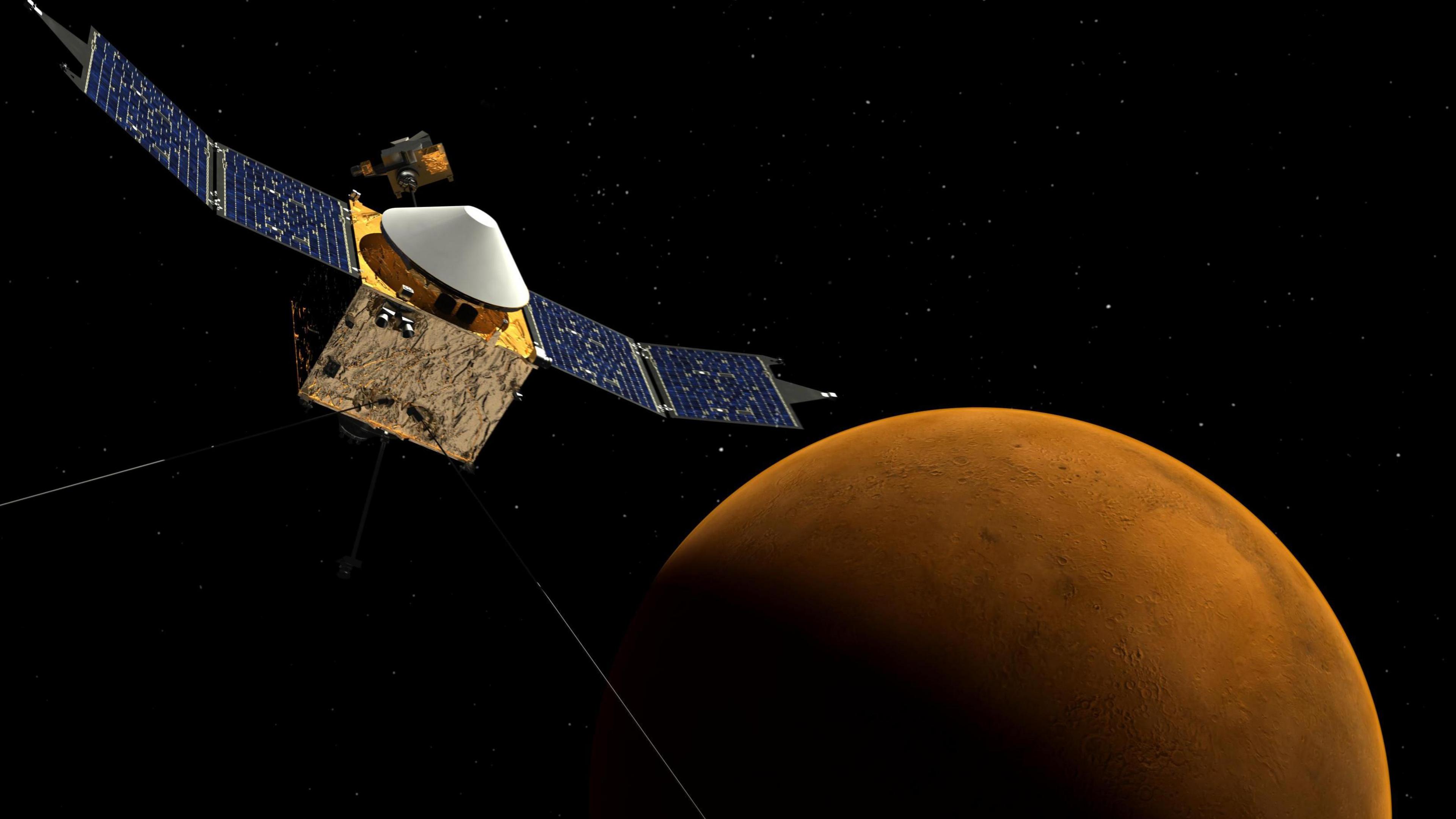 an artists drawing of maven orbiting the planet mars in space