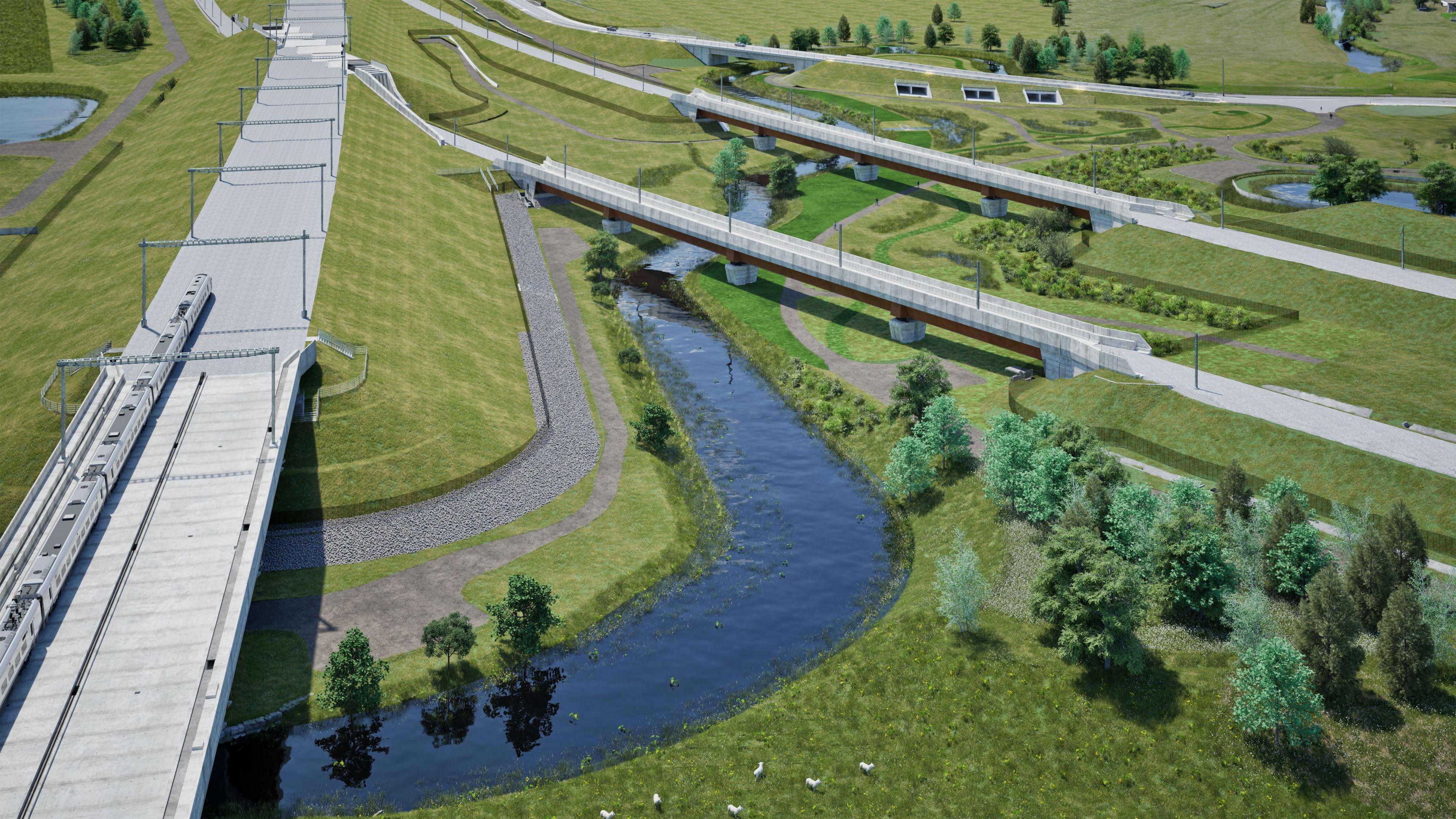A CGI image of a rail line and two viaducts over a river 