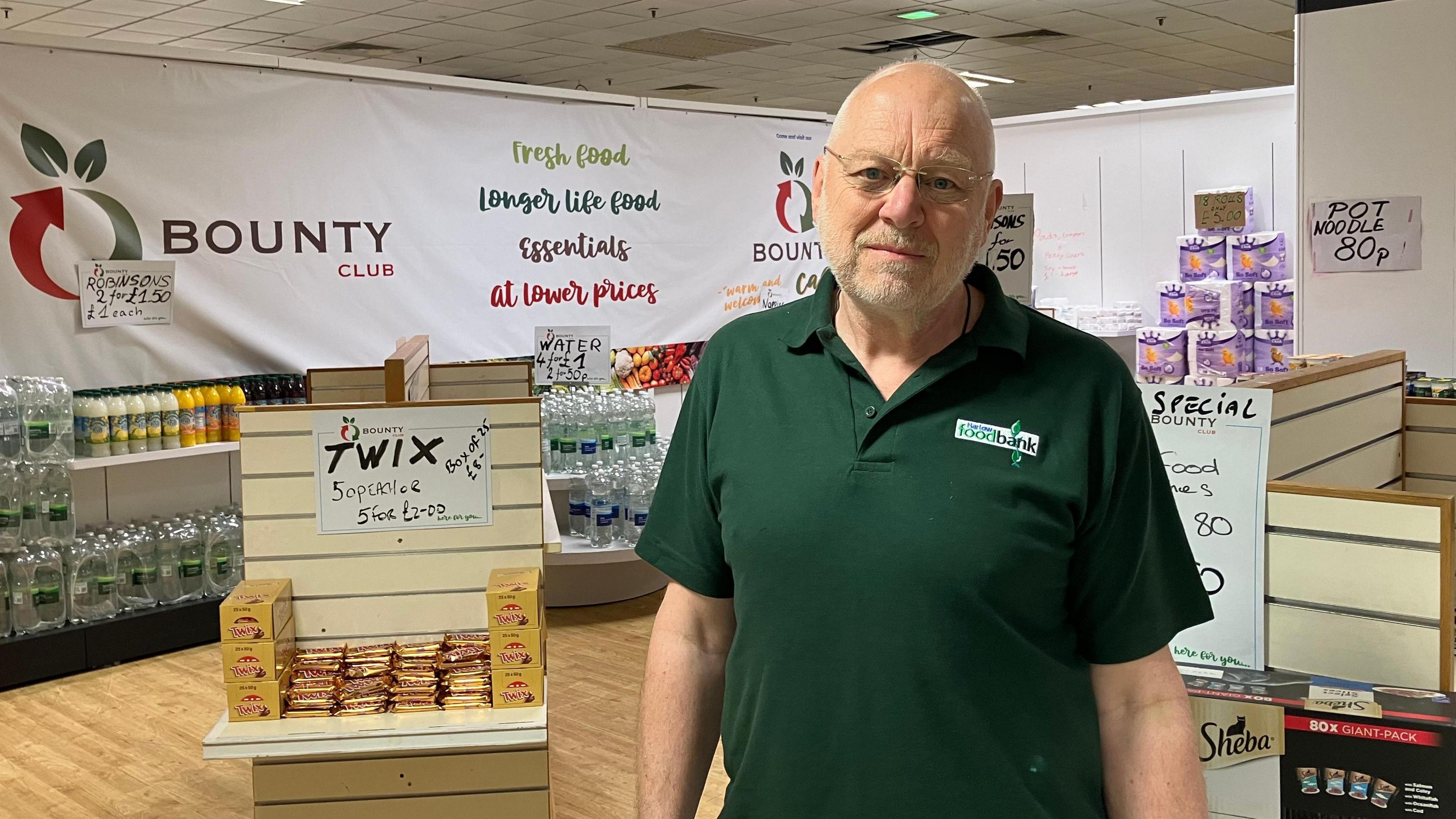 Andy Thornton standing inside the Bounty Club social supermarket in Harlow