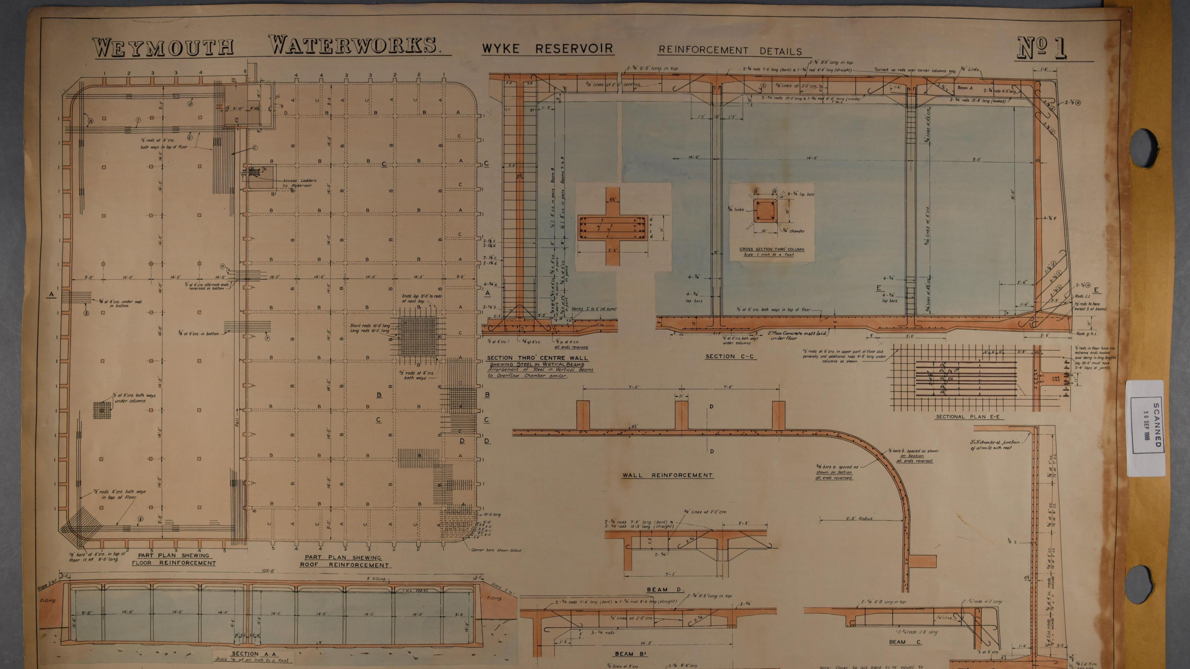 A map of Weymouth waterworks. It is undated but has diagrams of various sewers and tanks on it.