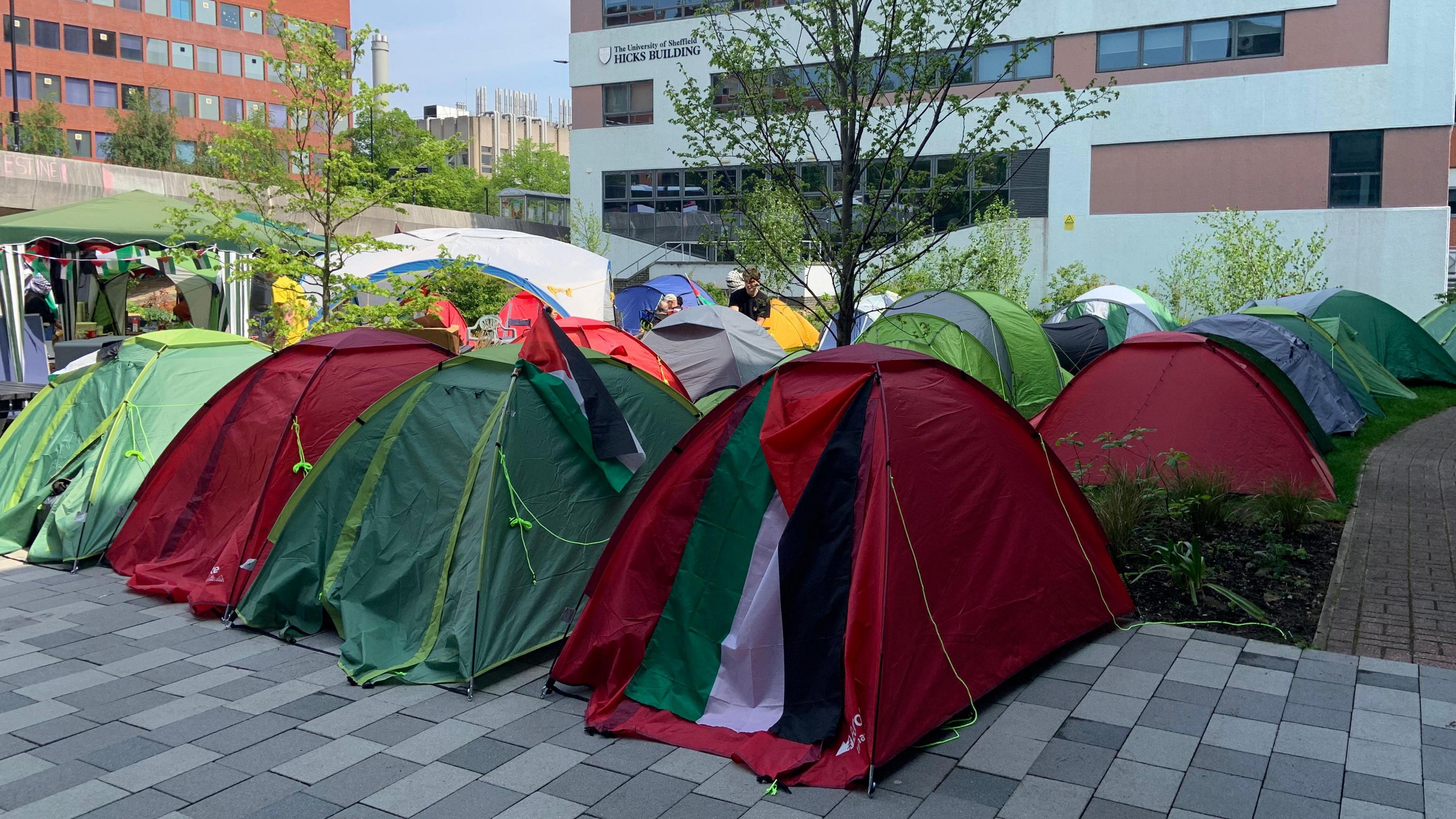 Around a dozen of red and green tents erected outside the grass verge of the students' union on 8 May.