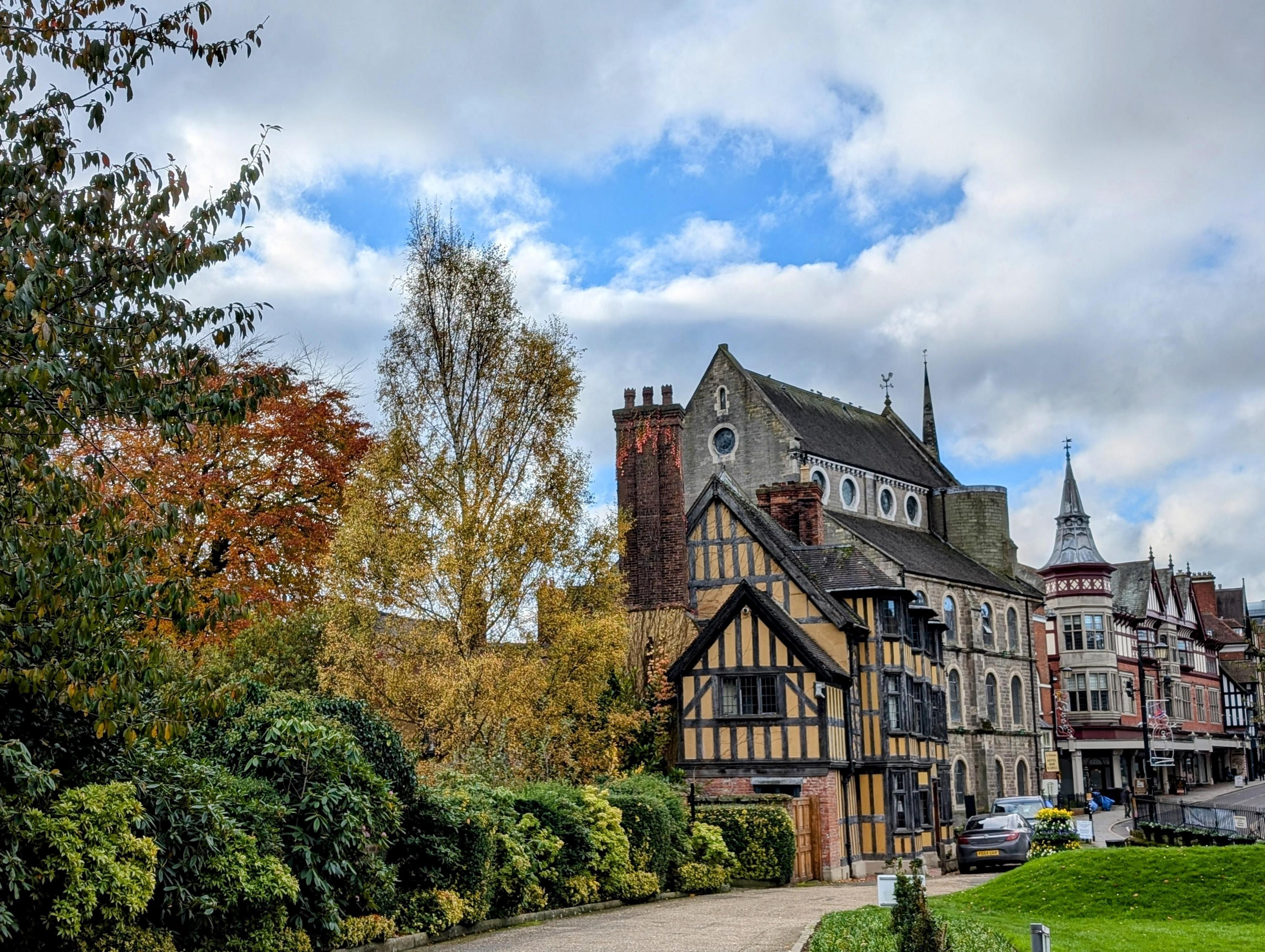 A range of historic buildings stretch away along a town street, with lawns, trees and hedges in the foreground.