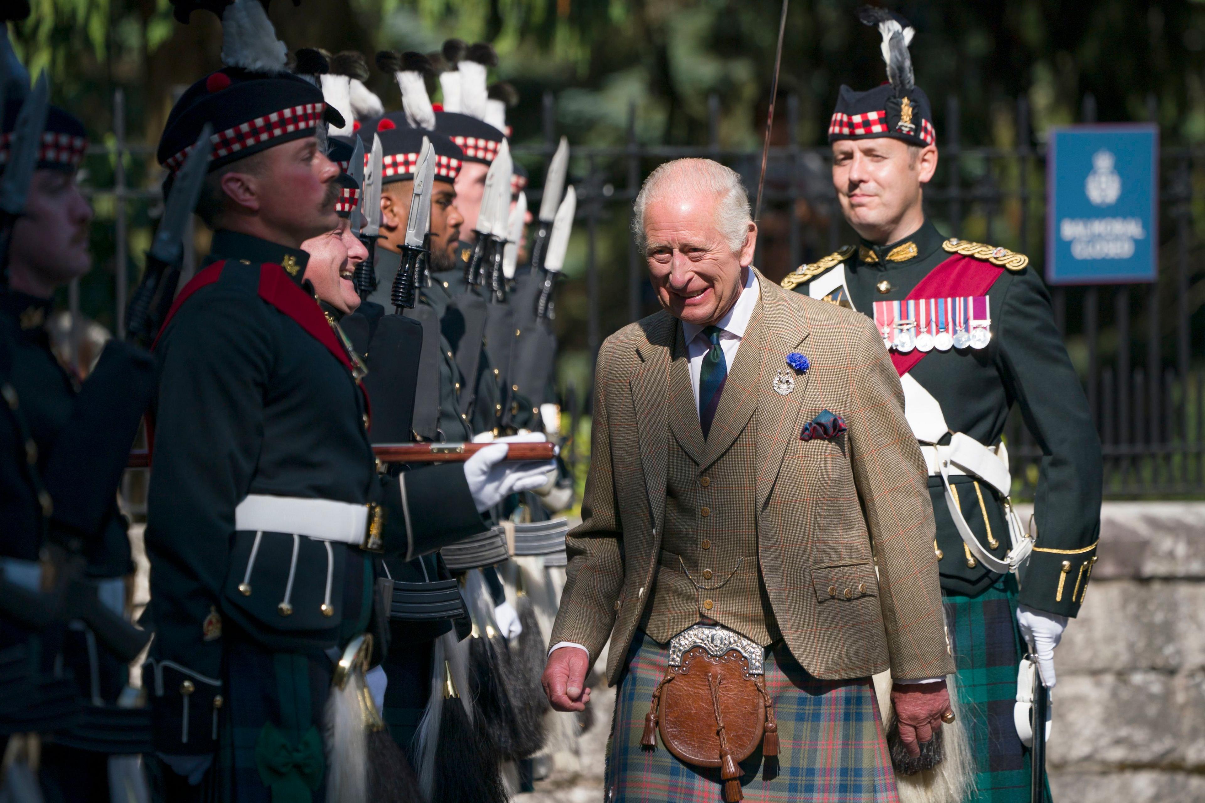 King Charles III inspects the Balaklava Company, 5th Battalion, The Royal Regiment of Scotland, at the gates of Balmoral.