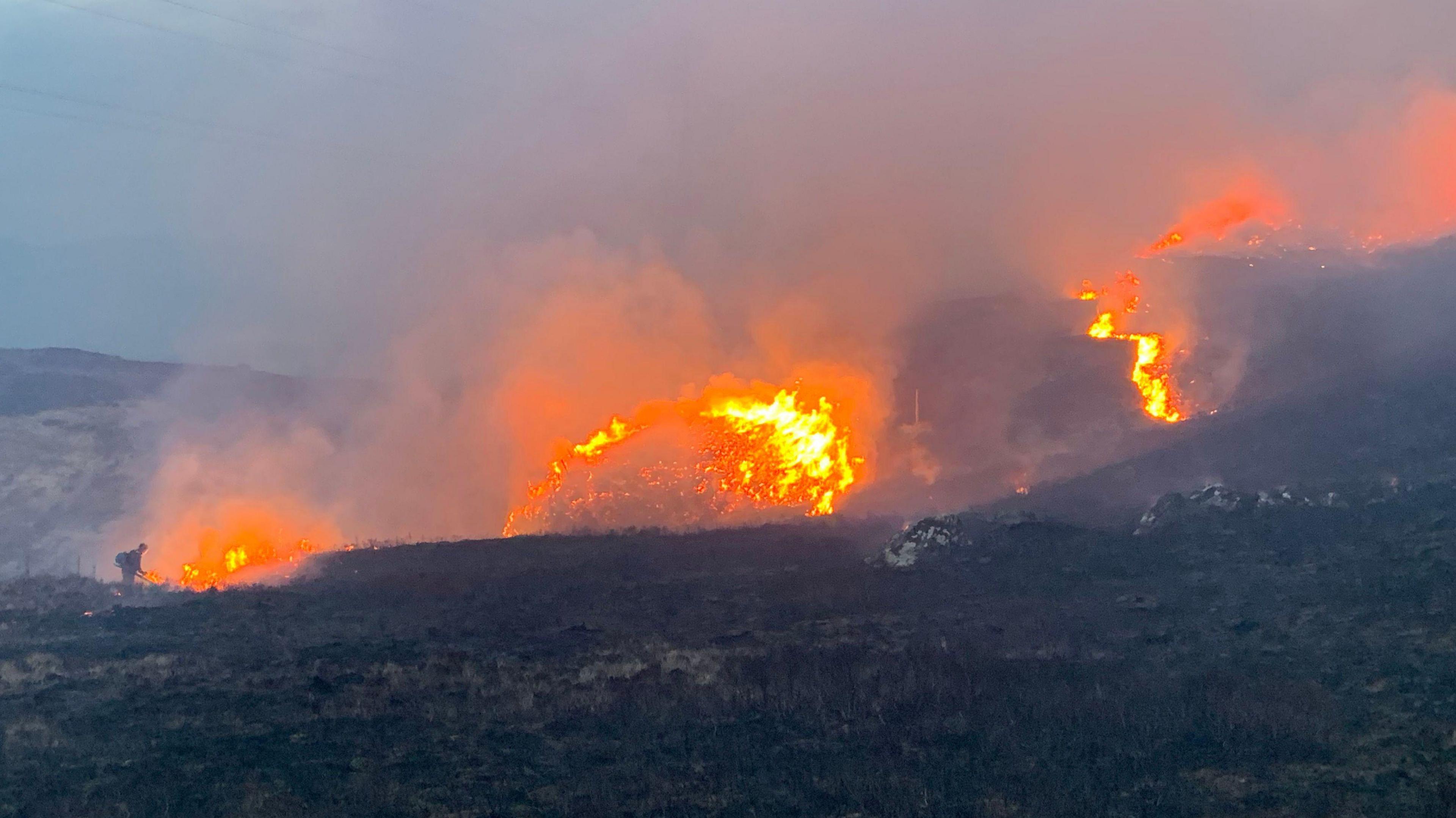A gamekeeper from the Scottish Gamekeeper's Association uses a leaf blower to direct flames in a wildfire at the end of June - we see a dark hill with bright flames creeping up it and smoke filling the sky